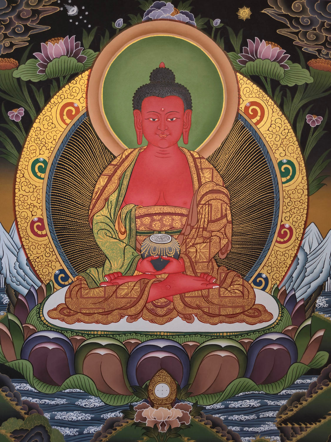 Amitabha Buddha Thangka – Masterpiece Hand-Painted Tibetan Buddhist Art | Compassion, Pure Land & Meditation Wall Decor