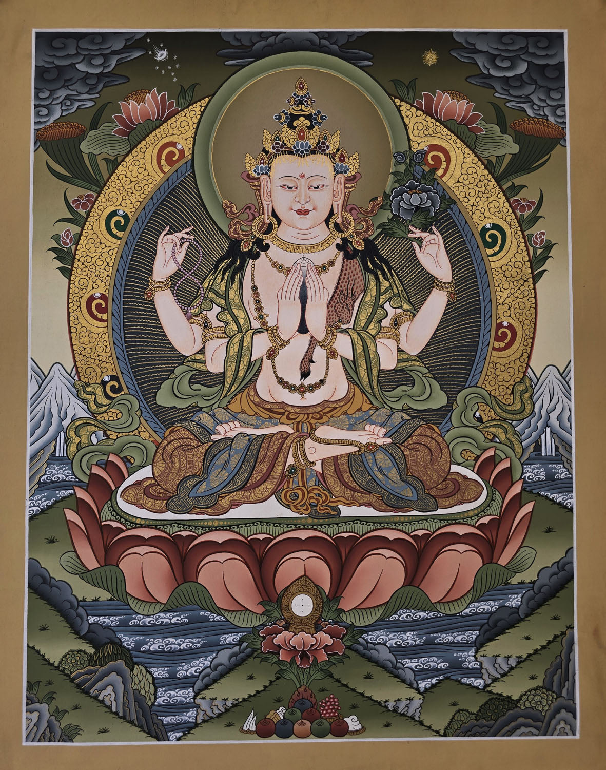 Chenrezig Thangka – Masterpiece Hand-Painted Tibetan Buddhist Art | Compassion, Wisdom & Meditation Wall Decor