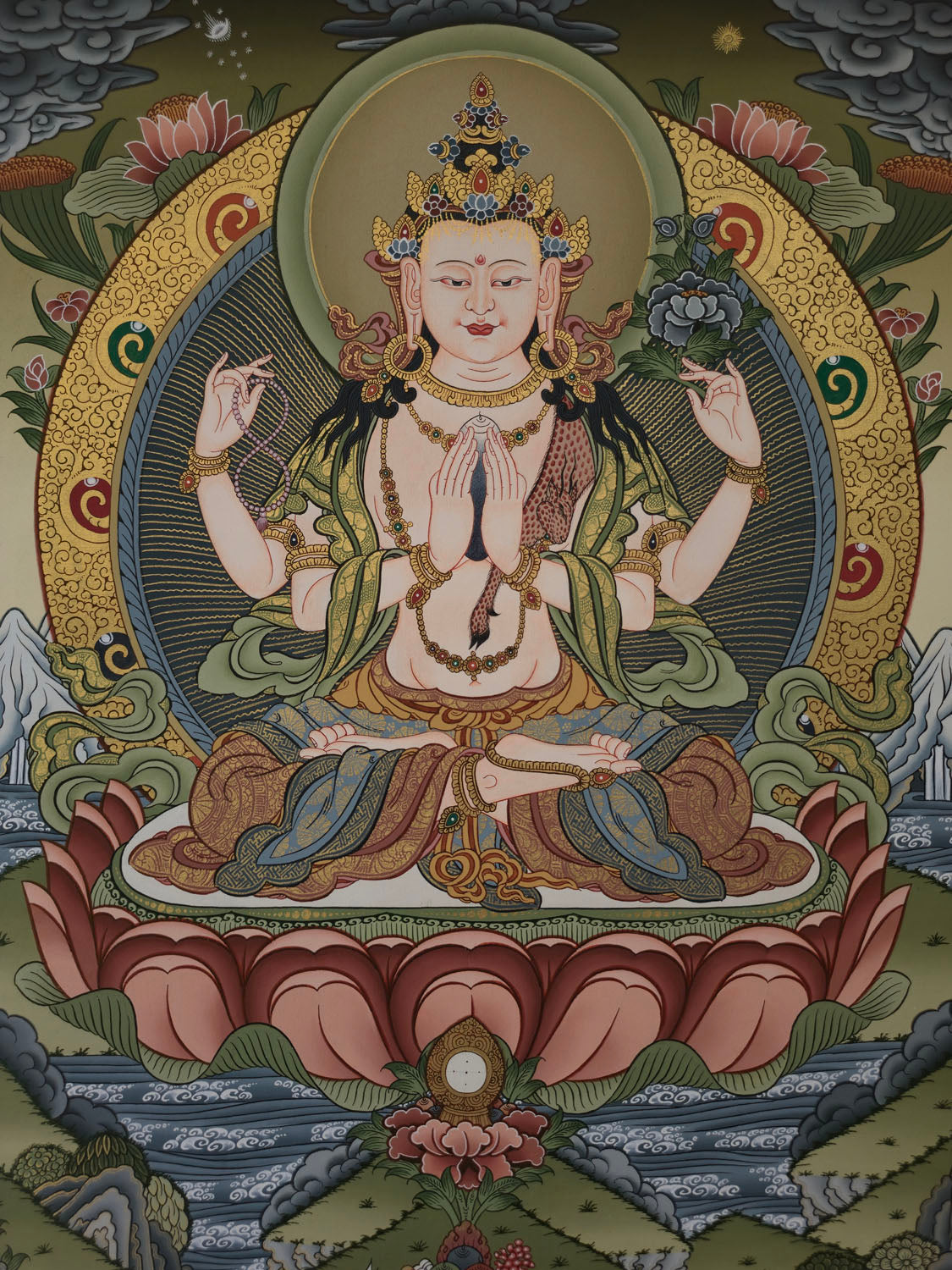Chenrezig Thangka – Masterpiece Hand-Painted Tibetan Buddhist Art | Compassion, Wisdom & Meditation Wall Decor