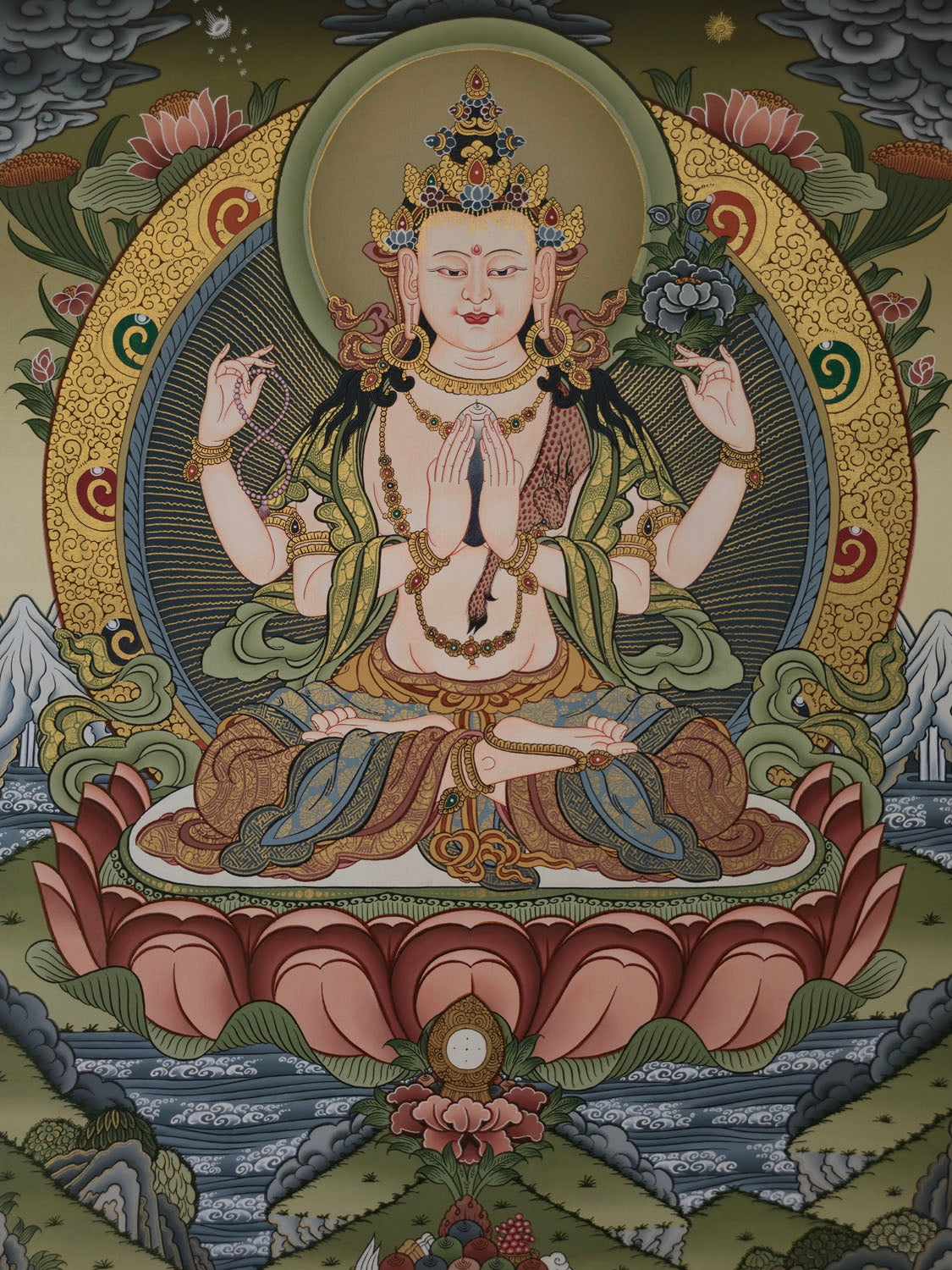 Chenrezig Thangka – Masterpiece Hand-Painted Tibetan Buddhist Art | Compassion, Wisdom & Meditation Wall Decor
