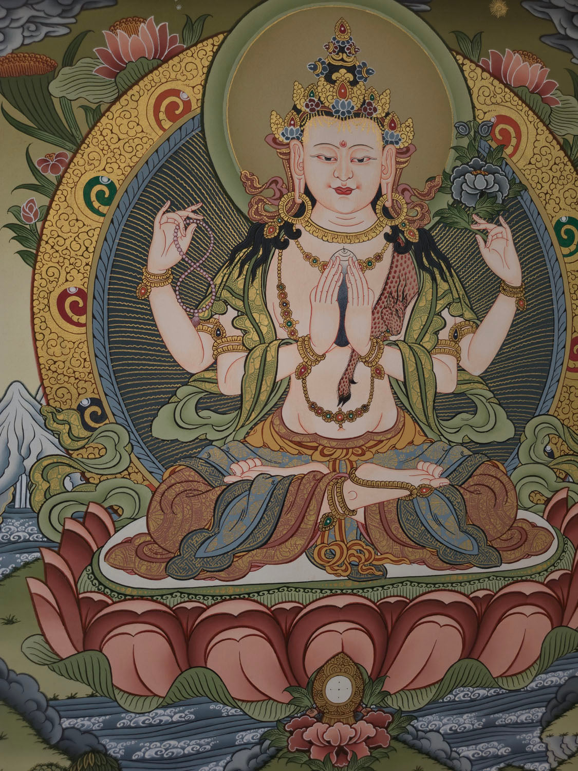 Chenrezig Thangka – Masterpiece Hand-Painted Tibetan Buddhist Art | Compassion, Wisdom & Meditation Wall Decor