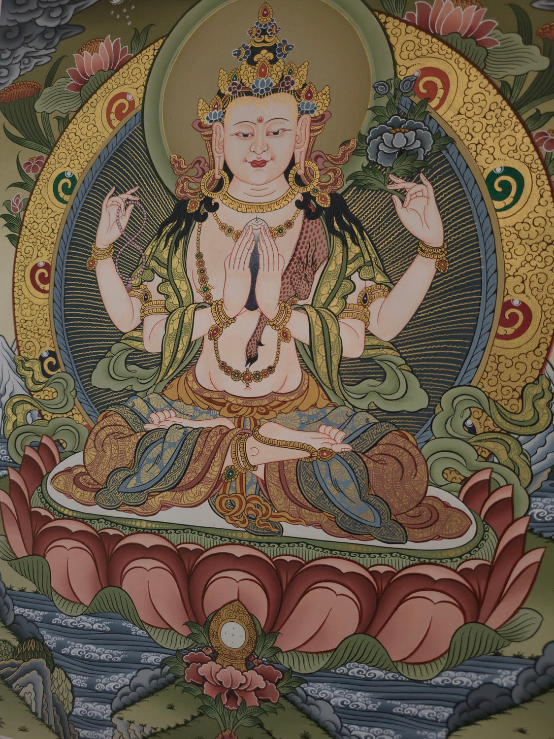 Chenrezig Thangka – Masterpiece Hand-Painted Tibetan Buddhist Art | Compassion, Wisdom & Meditation Wall Decor