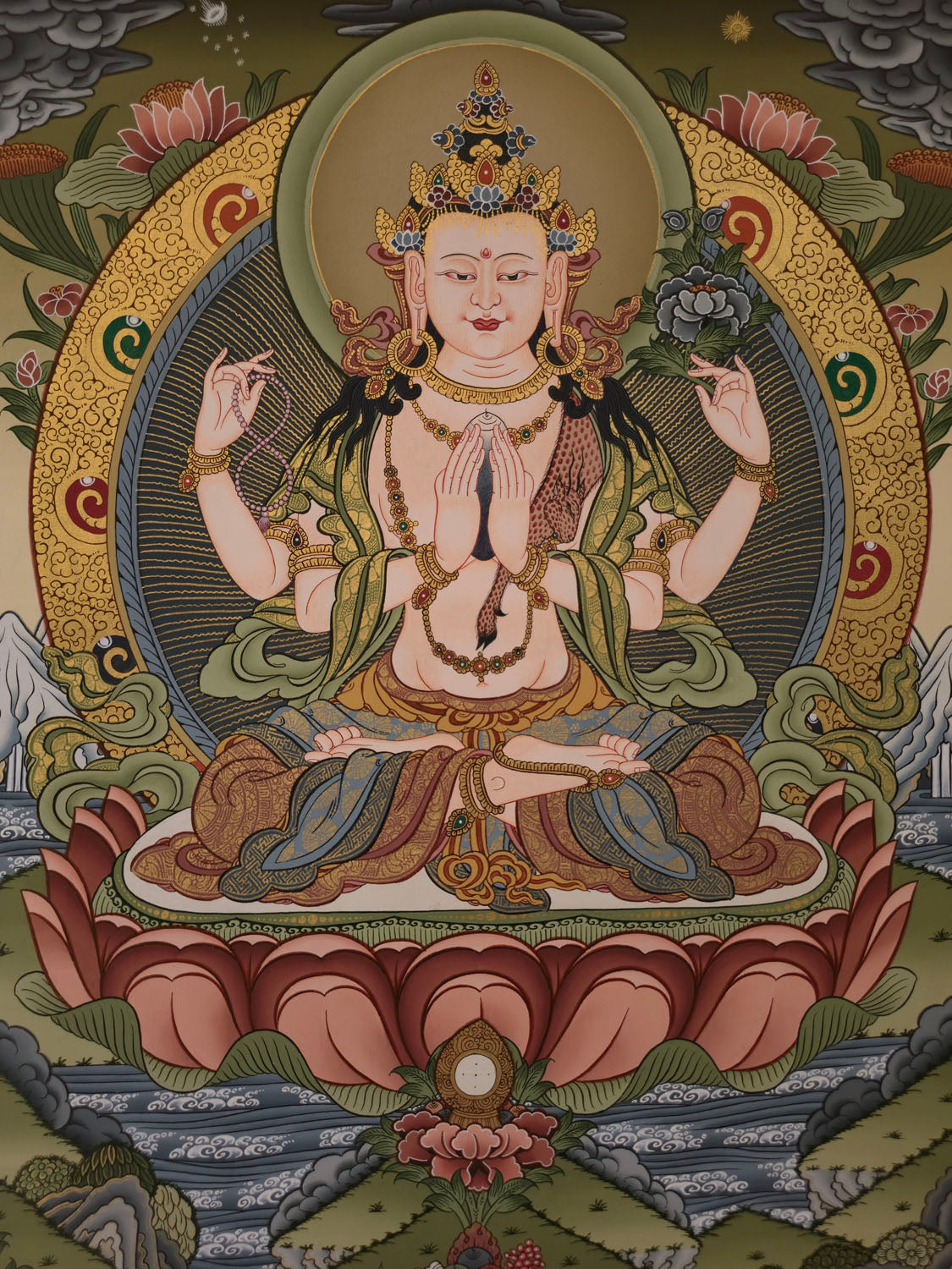 Chenrezig Thangka – Masterpiece Hand-Painted Tibetan Buddhist Art | Compassion, Wisdom & Meditation Wall Decor