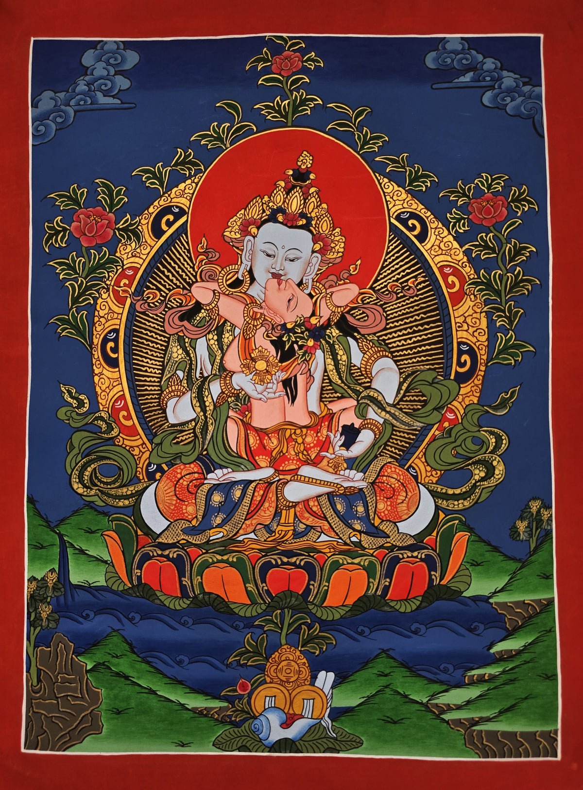 Vajrasattva Shakti Thangka – Hand-Painted Tibetan Buddhist Art | Purification, Wisdom & Compassion Wall Decor