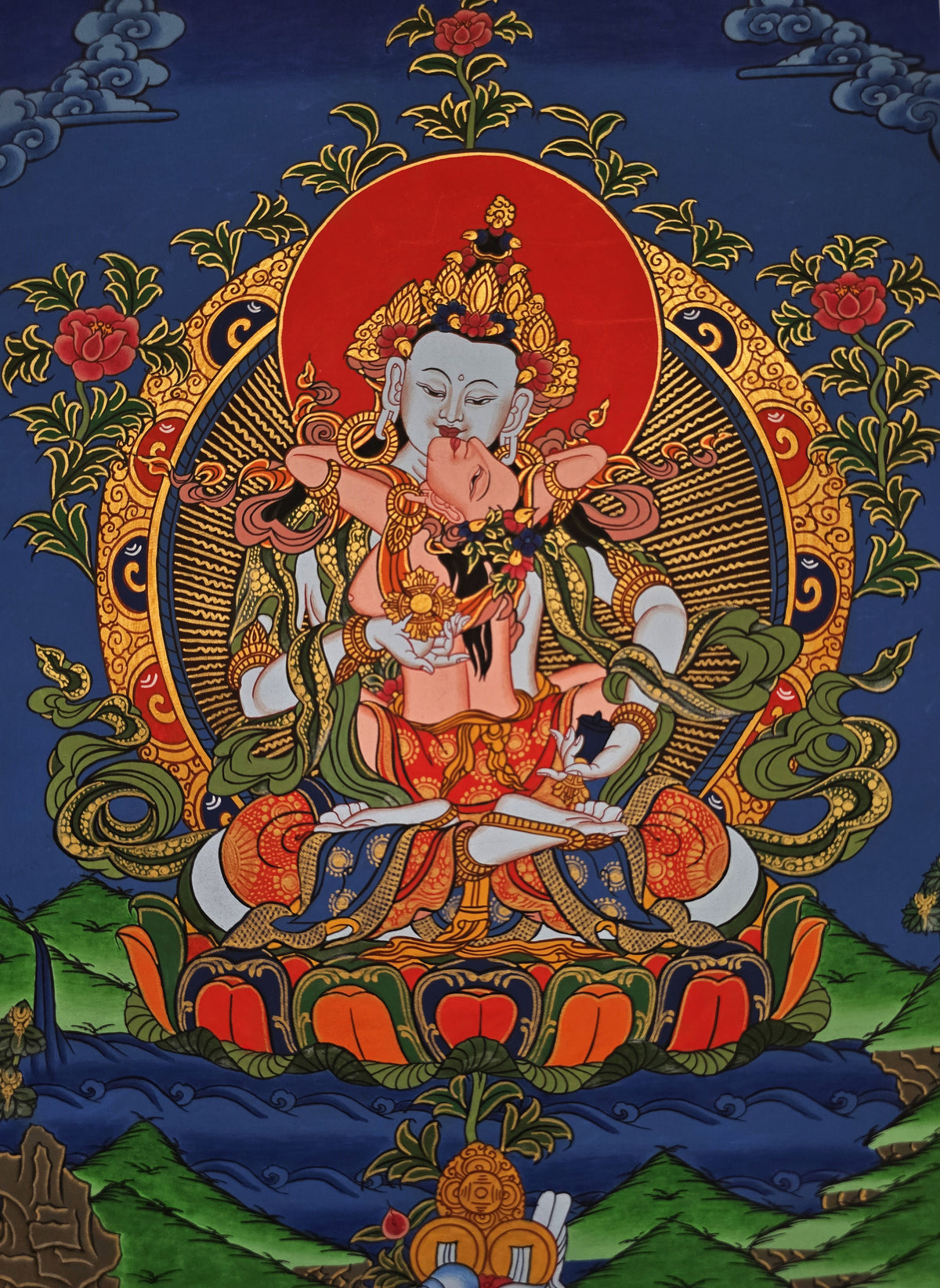 Vajrasattva Shakti Thangka – Hand-Painted Tibetan Buddhist Art | Purification, Wisdom & Compassion Wall Decor