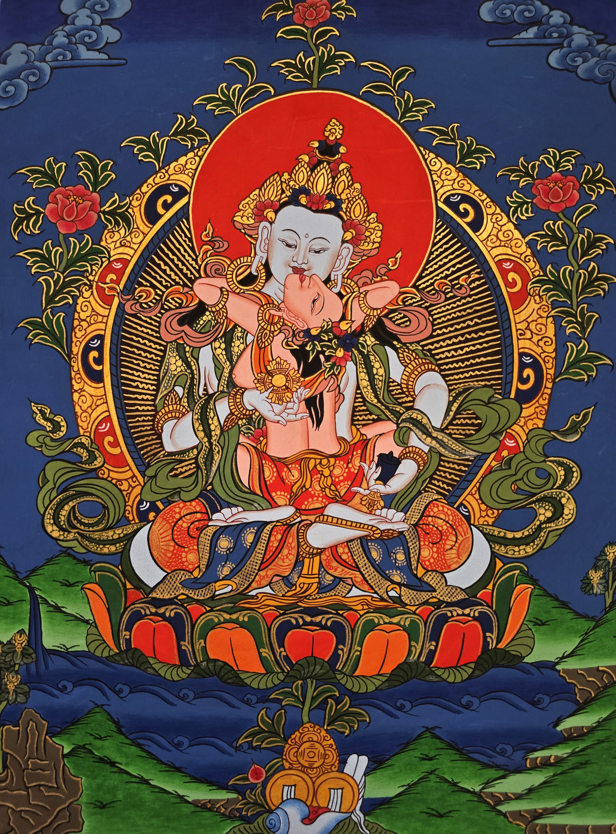 Vajrasattva Shakti Thangka – Hand-Painted Tibetan Buddhist Art | Purification, Wisdom & Compassion Wall Decor