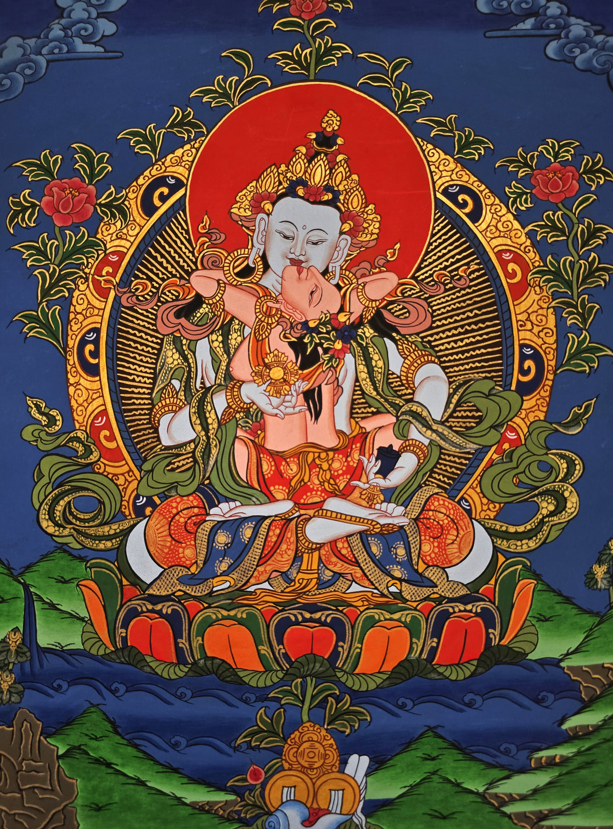 Vajrasattva Shakti Thangka – Hand-Painted Tibetan Buddhist Art | Purification, Wisdom & Compassion Wall Decor