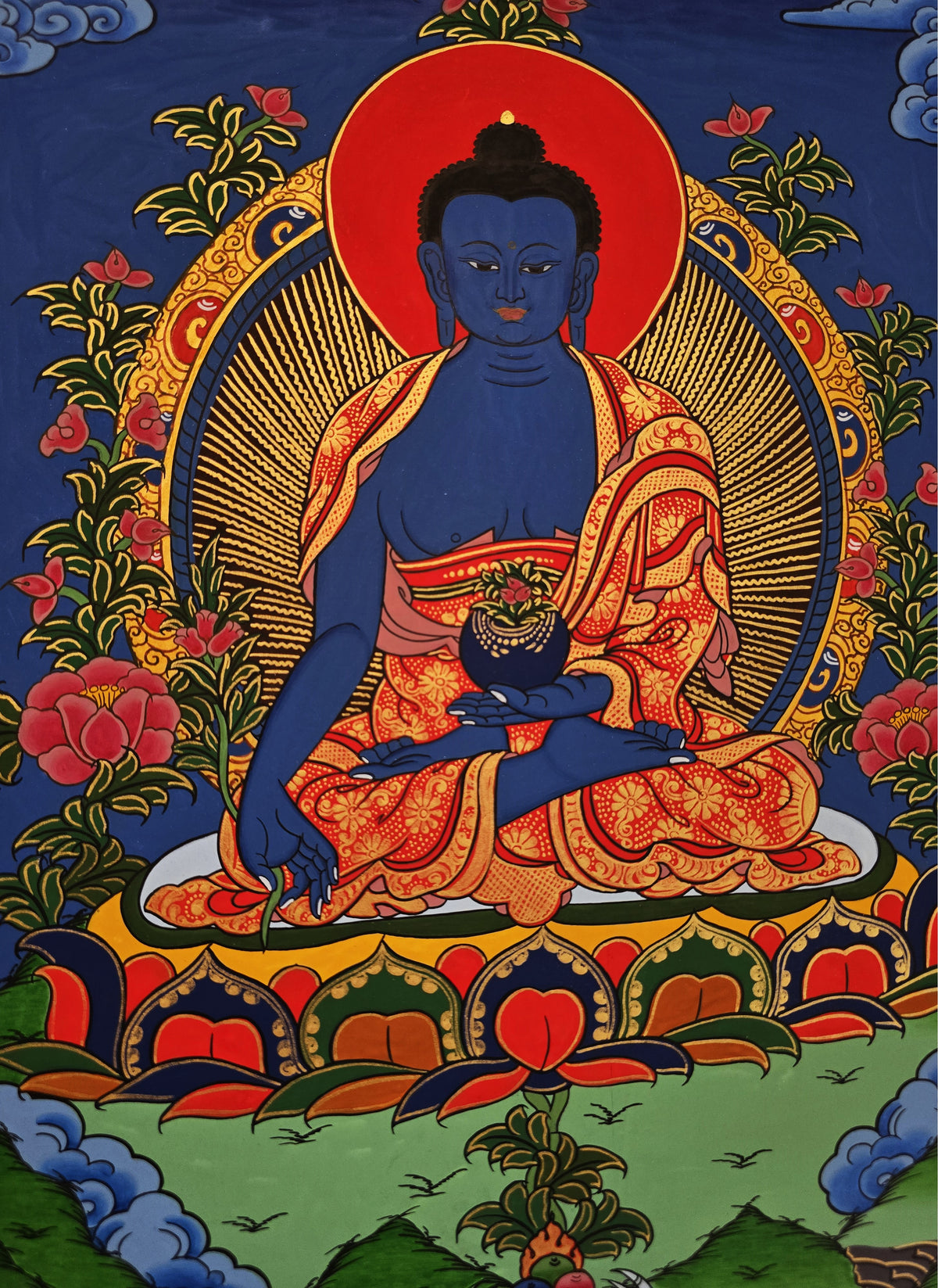 Medicine Buddha Thangka – Hand-Painted Tibetan Buddhist Art | Healing, Compassion & Meditation Wall Decor