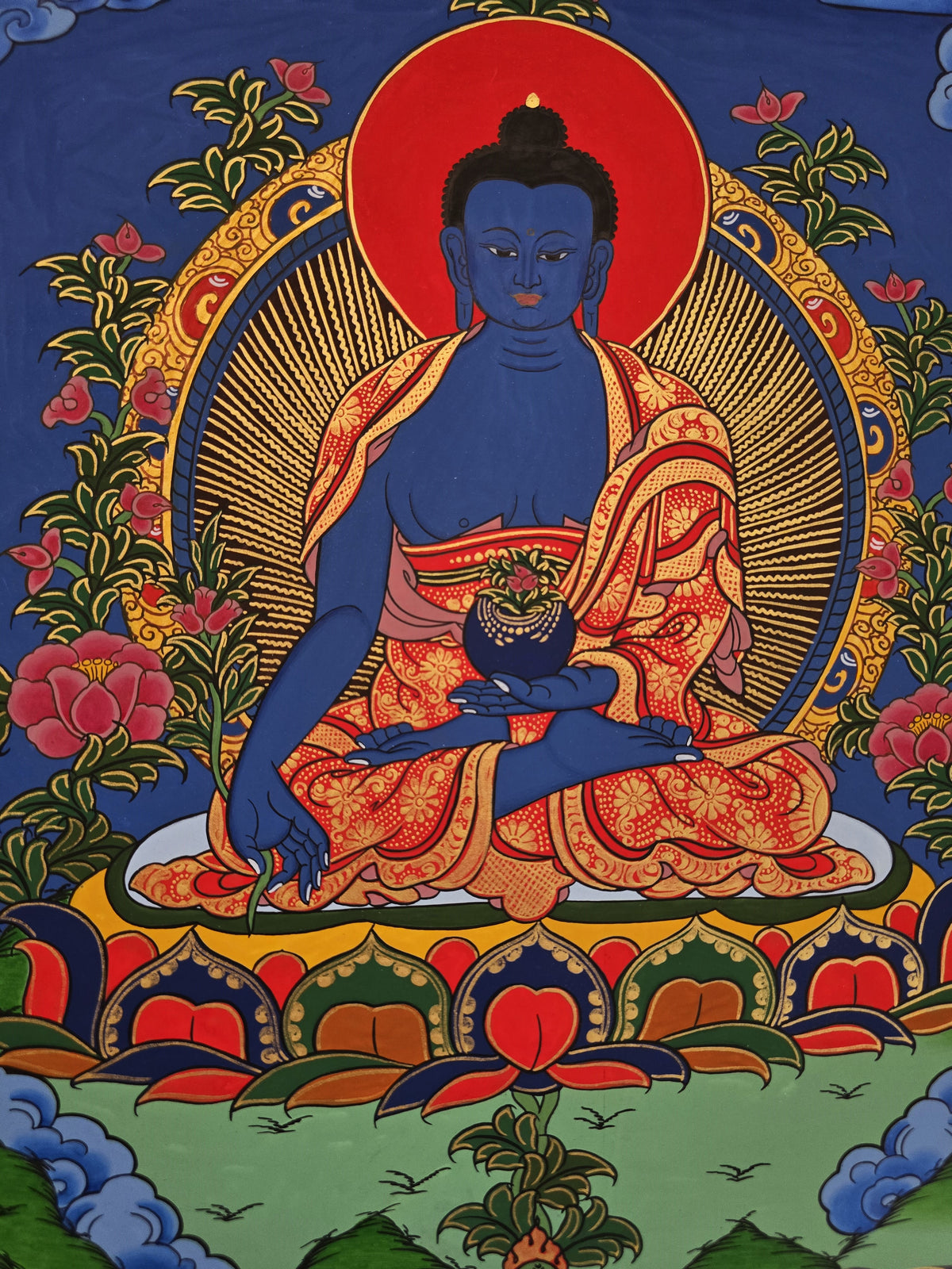 Medicine Buddha Thangka – Hand-Painted Tibetan Buddhist Art | Healing, Compassion & Meditation Wall Decor