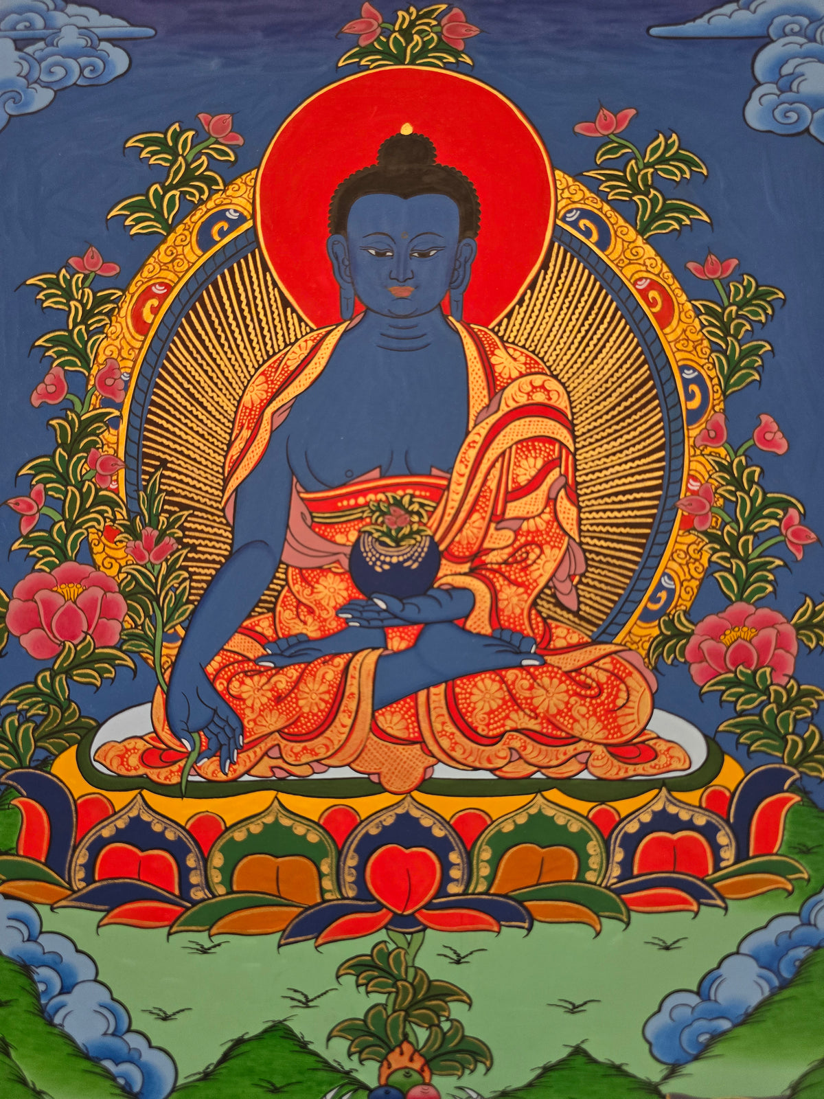 Medicine Buddha Thangka – Hand-Painted Tibetan Buddhist Art | Healing, Compassion & Meditation Wall Decor