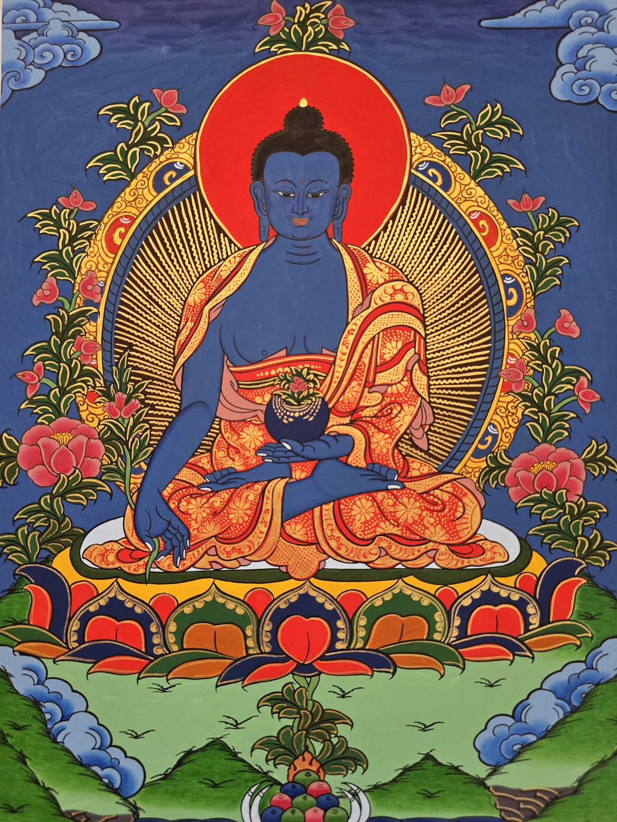 Medicine Buddha Thangka – Hand-Painted Tibetan Buddhist Art | Healing, Compassion & Meditation Wall Decor