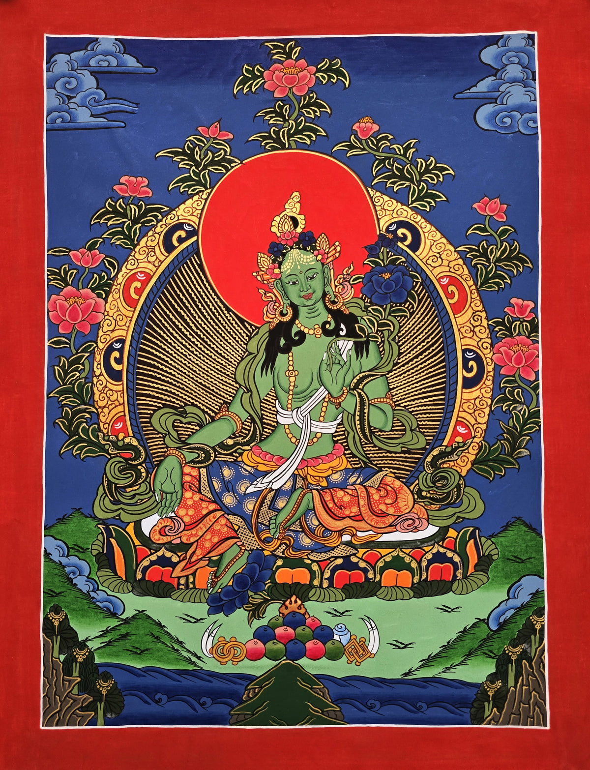 Green Tara Thangka – Hand-Painted Tibetan Buddhist Art | Meditation & Protection Wall Decor