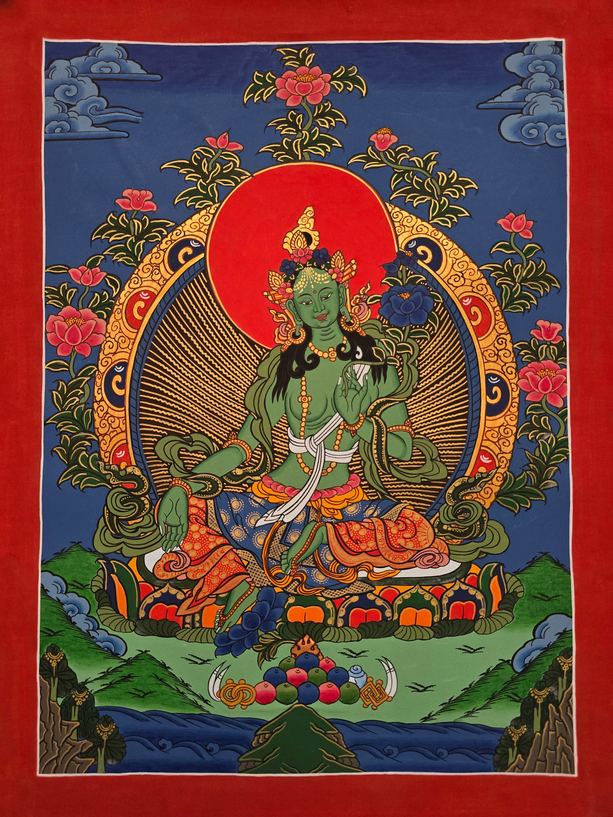 Green Tara Thangka – Hand-Painted Tibetan Buddhist Art | Meditation & Protection Wall Decor