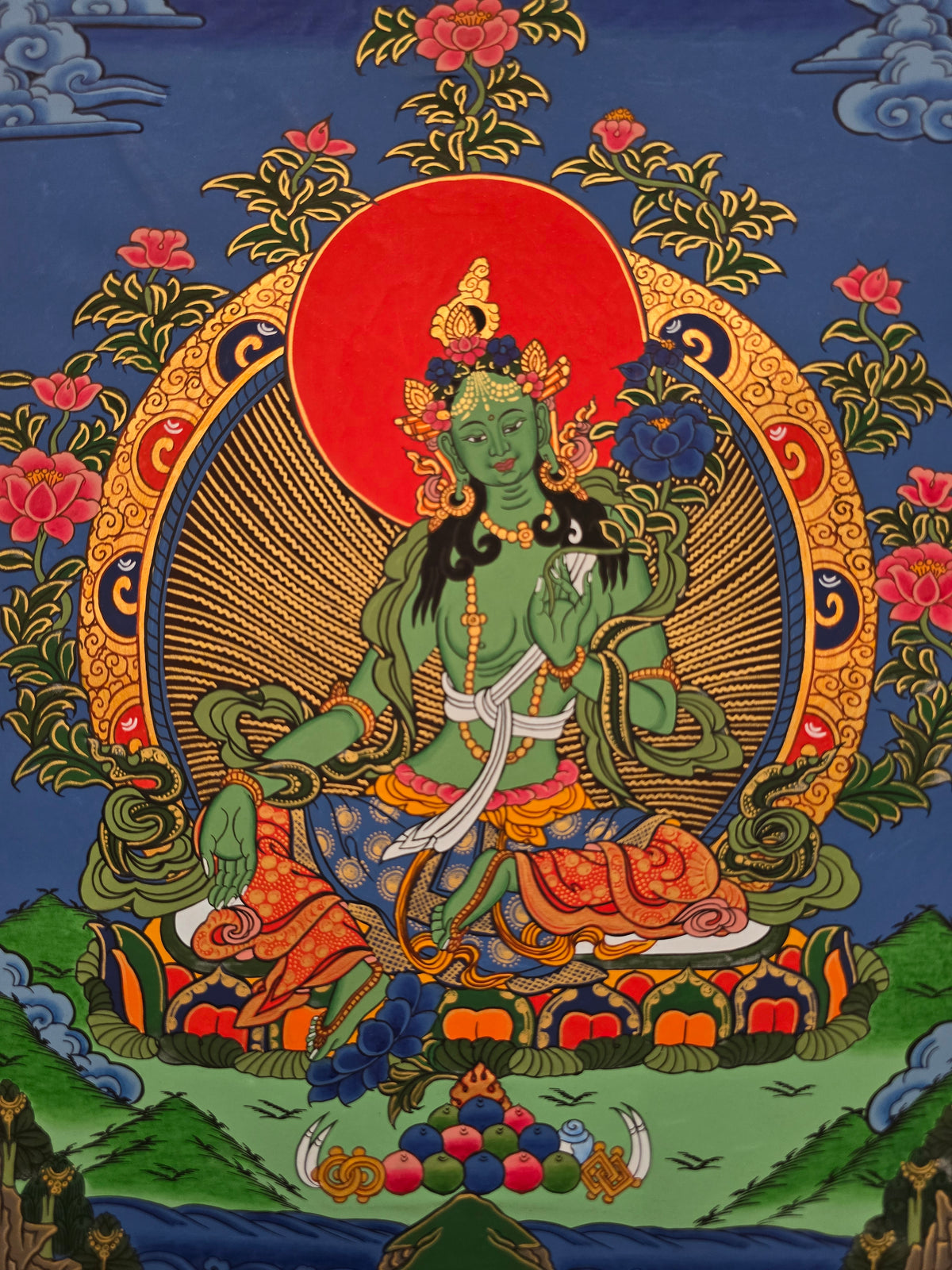 Green Tara Thangka – Hand-Painted Tibetan Buddhist Art | Meditation & Protection Wall Decor
