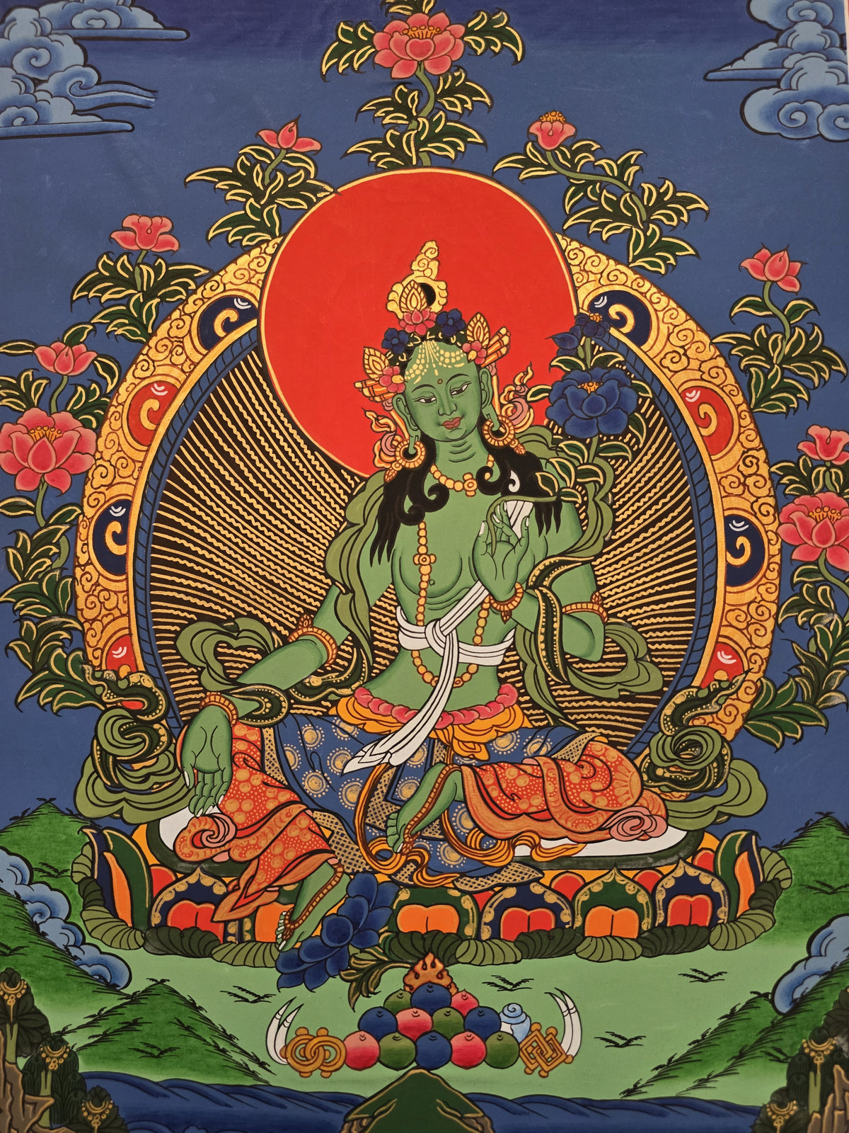 Green Tara Thangka – Hand-Painted Tibetan Buddhist Art | Meditation & Protection Wall Decor