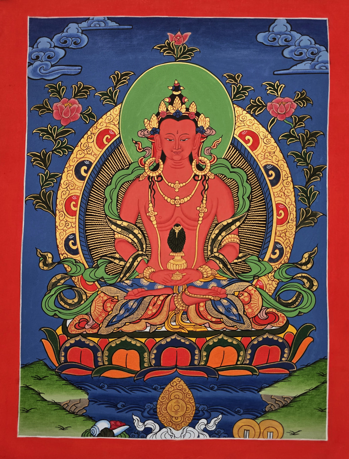Amitayus Buddha Thangka – Hand-Painted Tibetan Buddhist Art | Longevity, Peace & Meditation Wall Decor