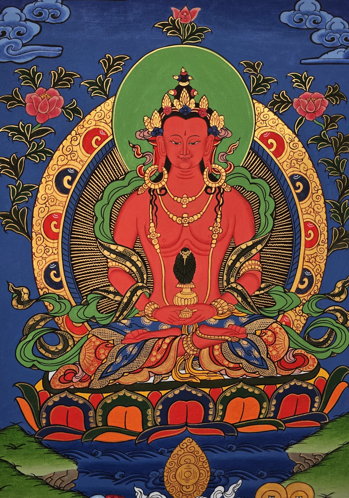Amitayus Buddha Thangka – Hand-Painted Tibetan Buddhist Art | Longevity, Peace & Meditation Wall Decor