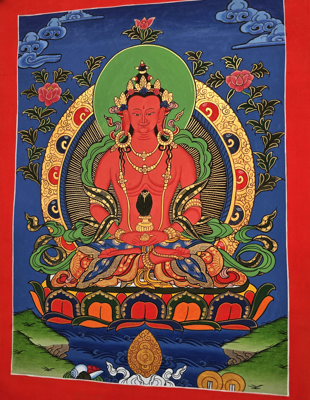 Amitayus Buddha Thangka – Hand-Painted Tibetan Buddhist Art | Longevity, Peace & Meditation Wall Decor
