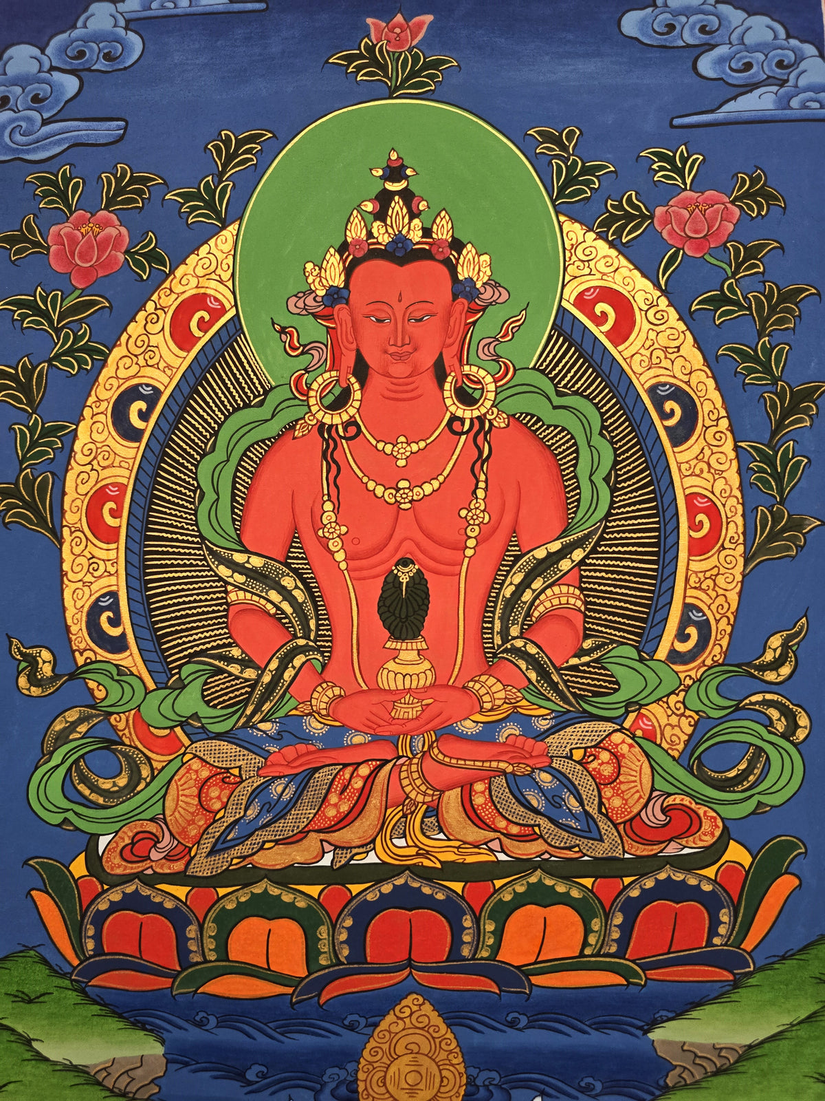 Amitayus Buddha Thangka – Hand-Painted Tibetan Buddhist Art | Longevity, Peace & Meditation Wall Decor