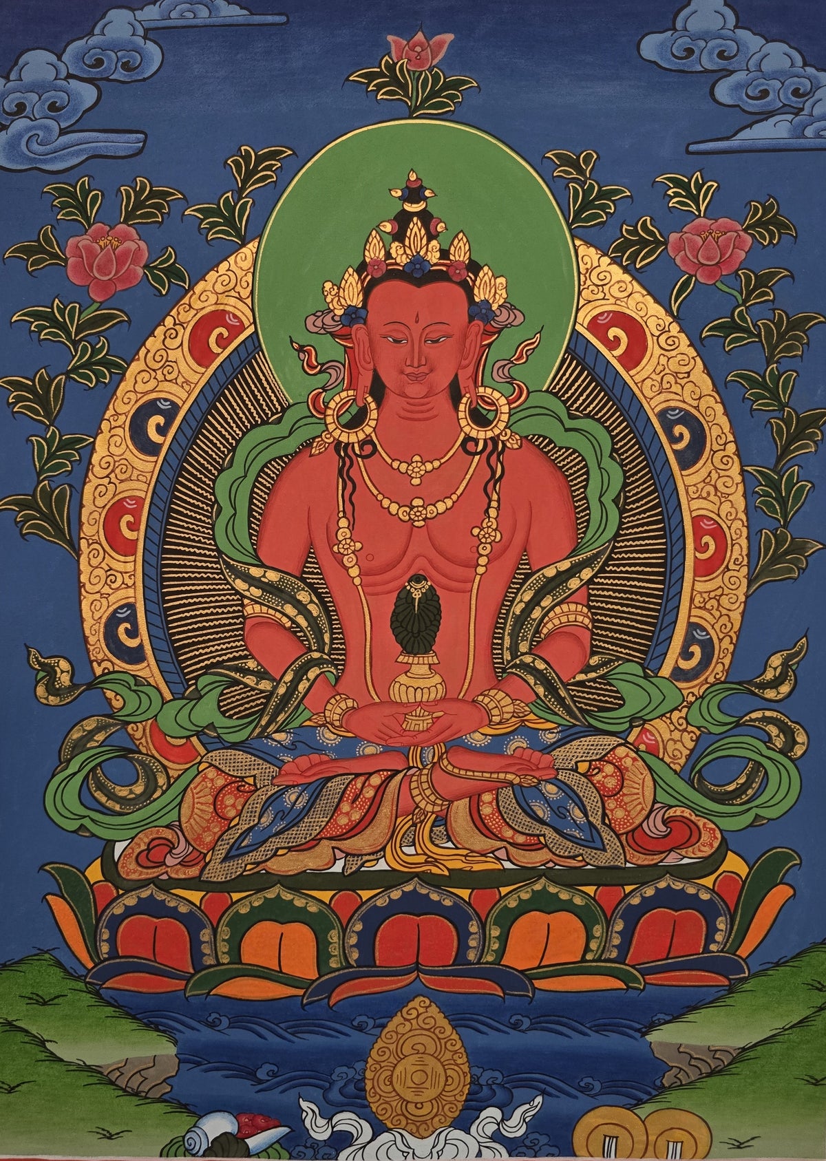 Amitayus Buddha Thangka – Hand-Painted Tibetan Buddhist Art | Longevity, Peace & Meditation Wall Decor