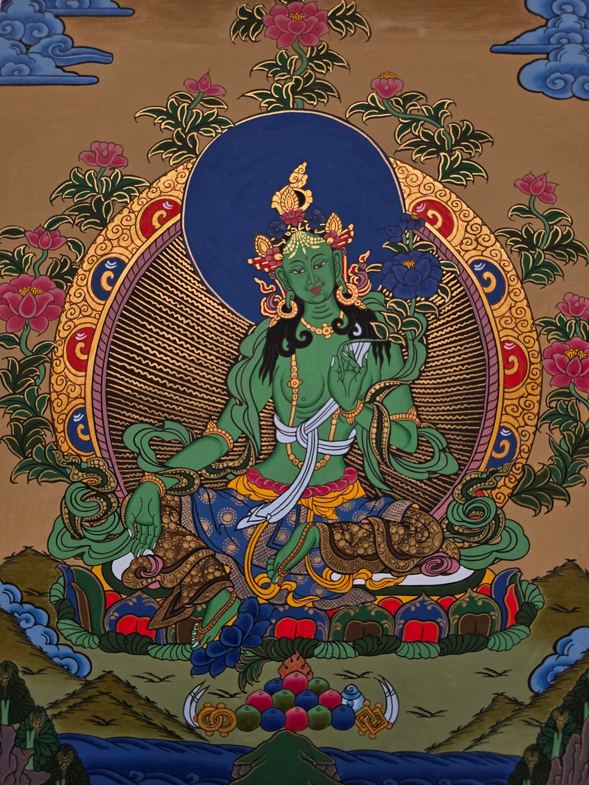 Green Tara Thangka – Hand-Painted Tibetan Buddhist Art | Meditation & Protection Wall Decor