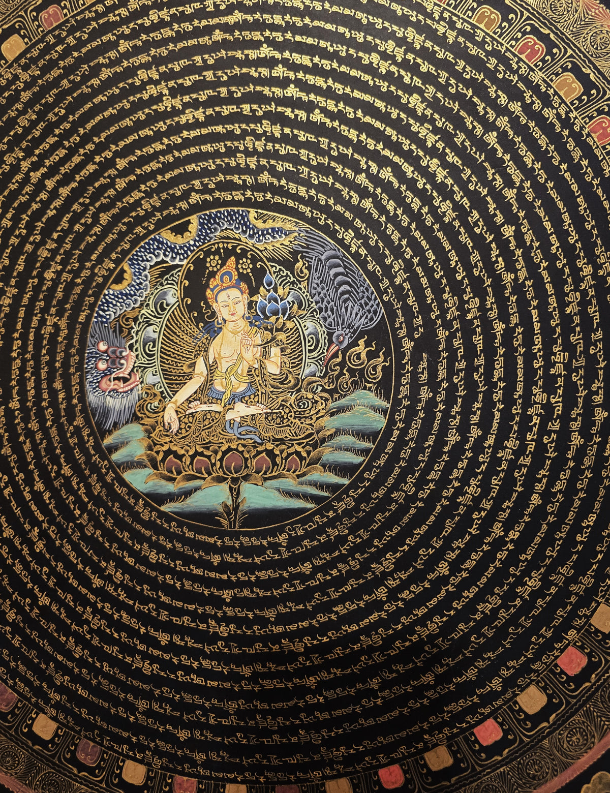 White Tara Mandala with White Tara Mantra – Hand-Painted Thangka from Nepal