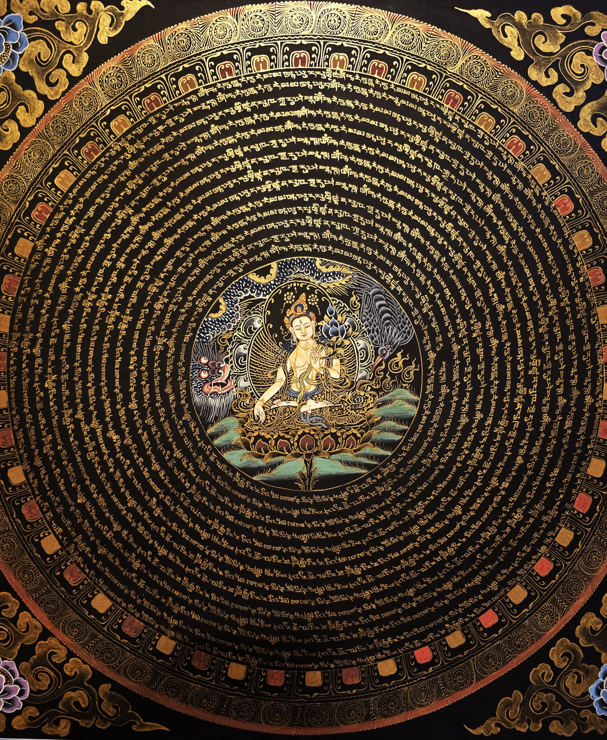 White Tara Mandala with White Tara Mantra – Hand-Painted Thangka from Nepal