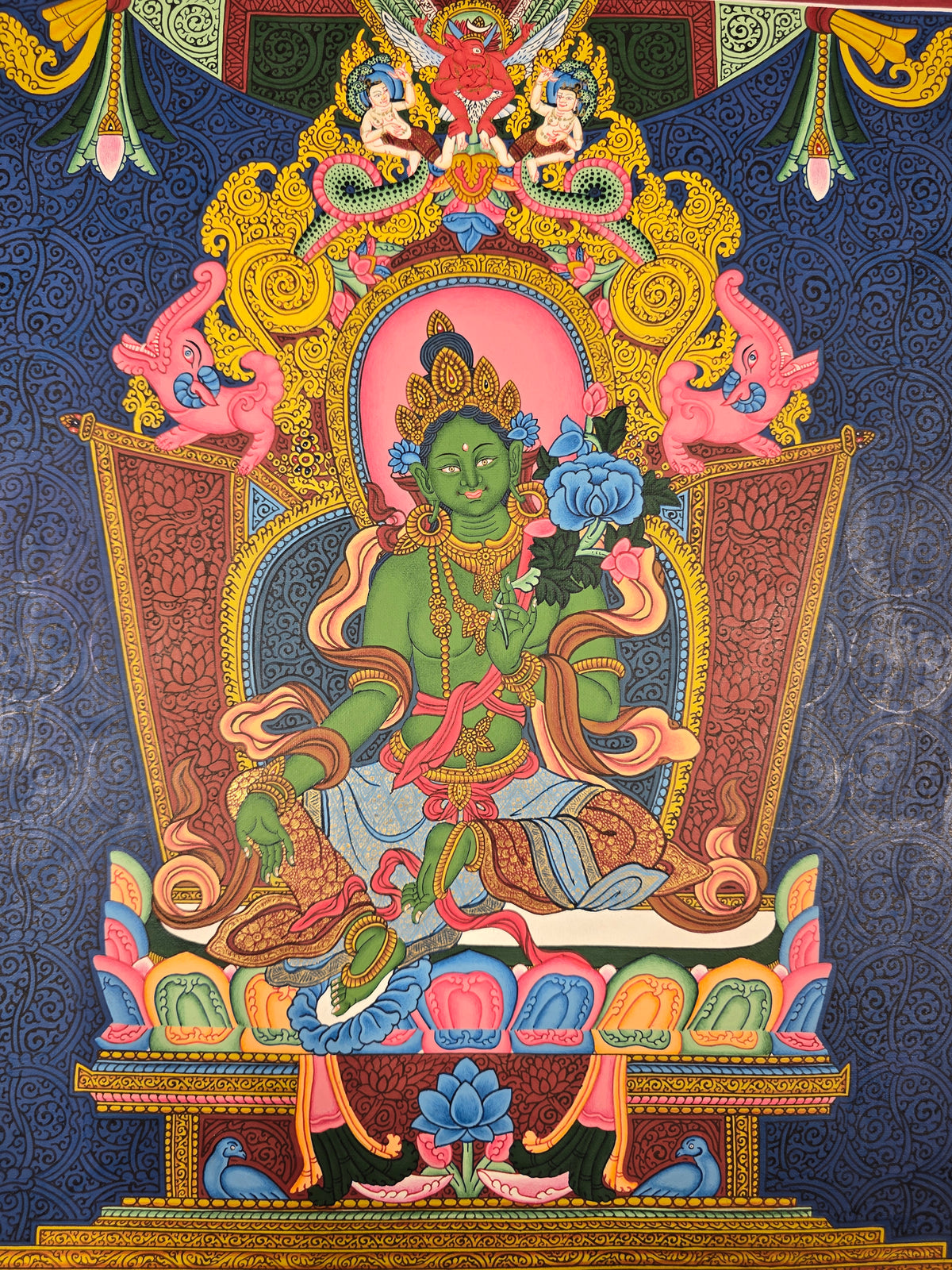 Green Tara Fine Thangka – Hand-Painted Tibetan Buddhist Art | Meditation & Protection Wall Decor