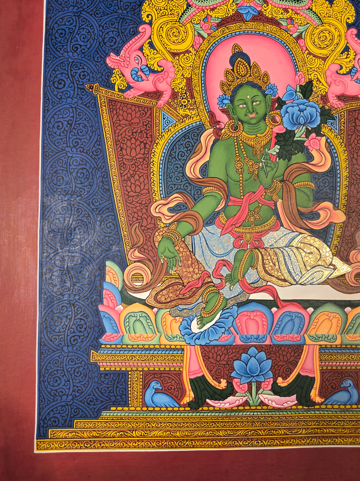 Green Tara Fine Thangka – Hand-Painted Tibetan Buddhist Art | Meditation & Protection Wall Decor
