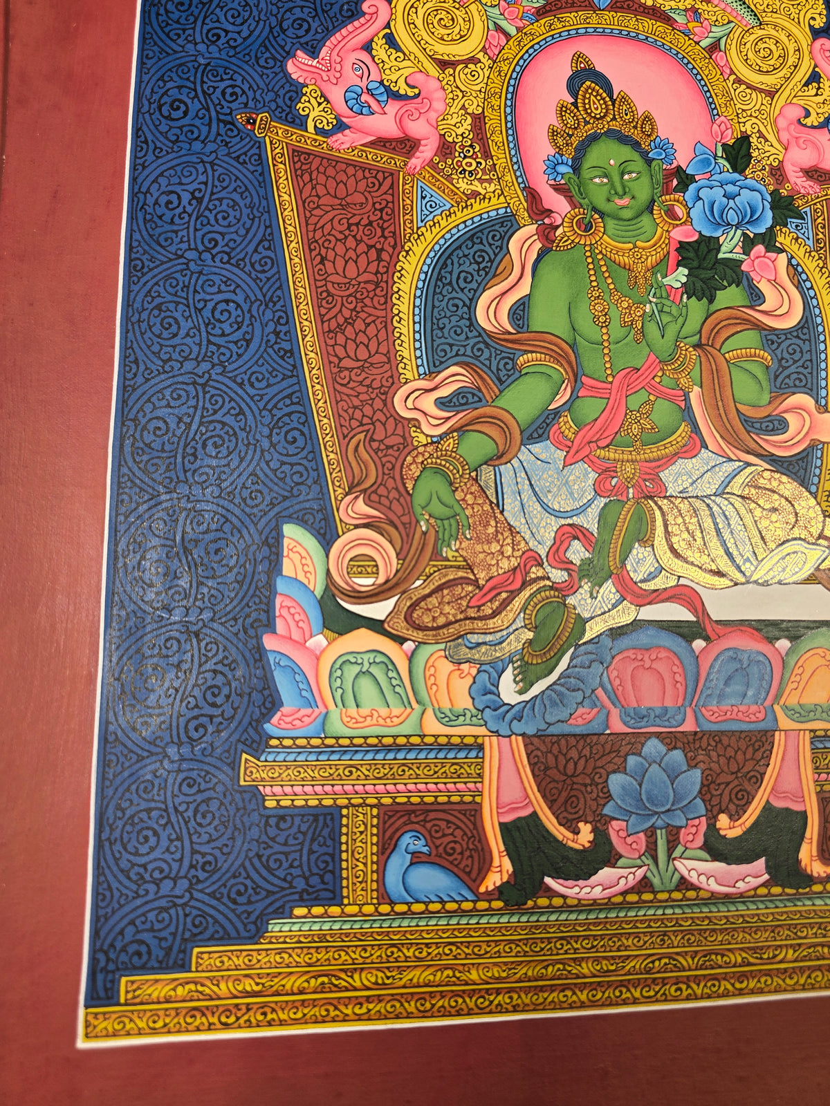 Green Tara Fine Thangka – Hand-Painted Tibetan Buddhist Art | Meditation & Protection Wall Decor