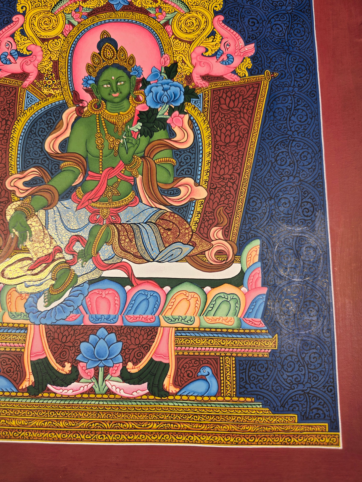 Green Tara Fine Thangka – Hand-Painted Tibetan Buddhist Art | Meditation & Protection Wall Decor