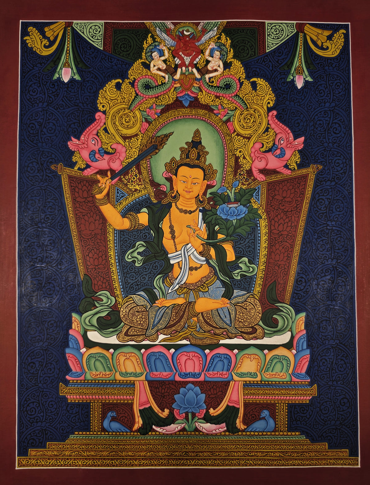 Manjushri Thangka – Hand-Painted Tibetan Buddhist Art | Meditation & Protection Wall Decor
