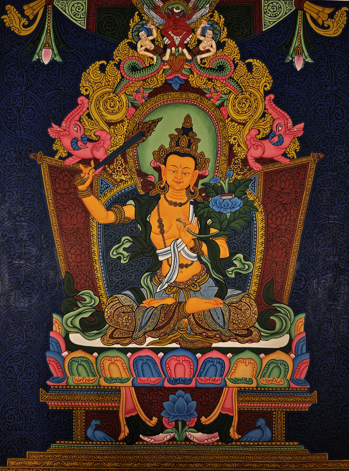 Manjushri Thangka – Hand-Painted Tibetan Buddhist Art | Meditation & Protection Wall Decor