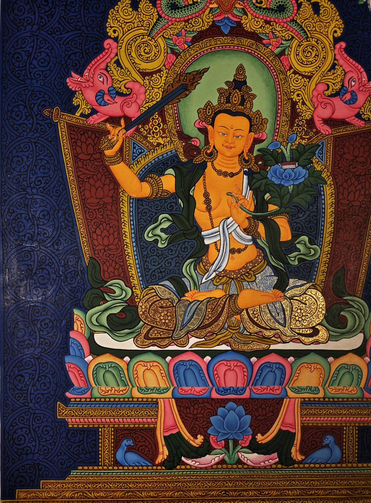 Manjushri Thangka – Hand-Painted Tibetan Buddhist Art | Meditation & Protection Wall Decor