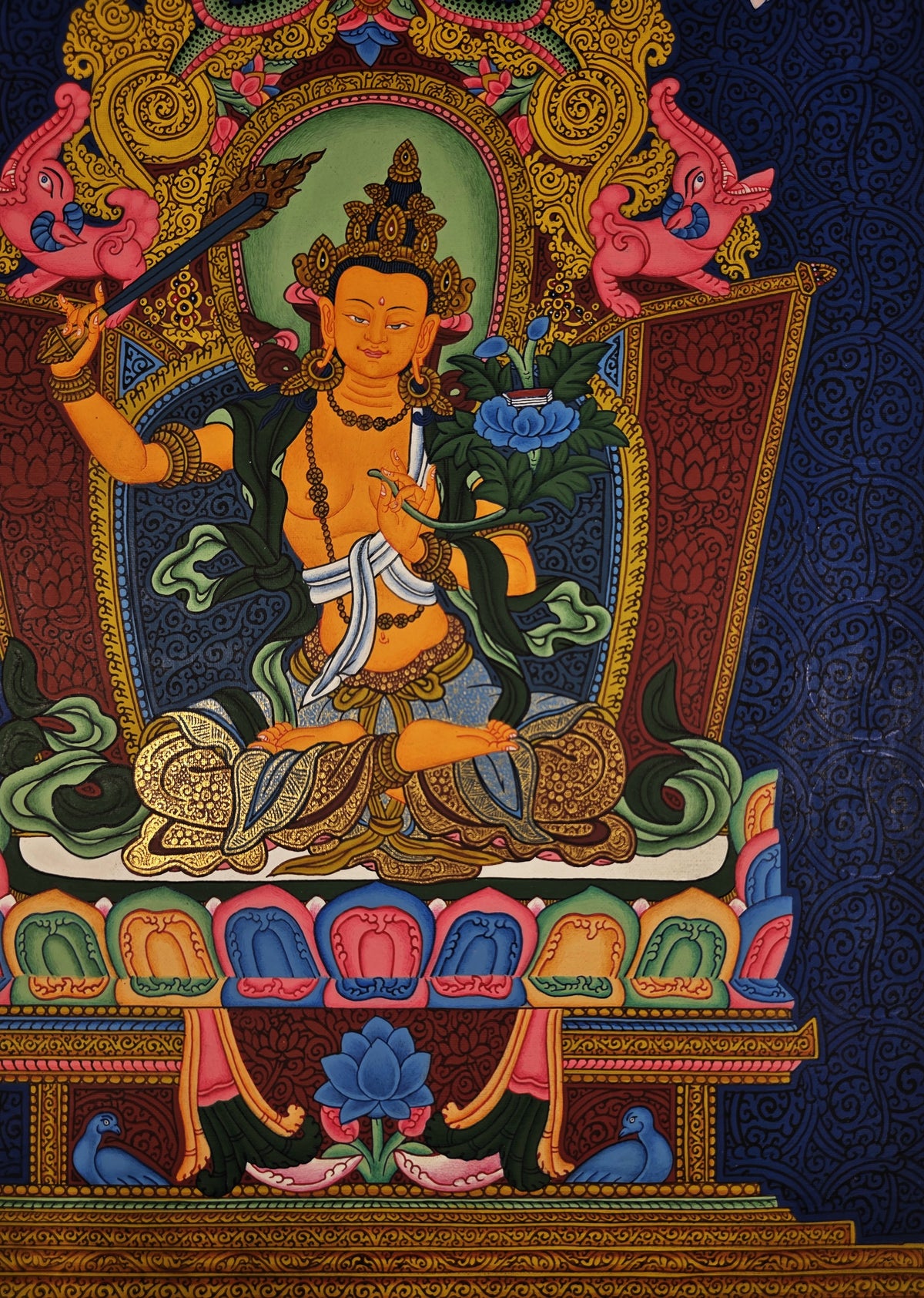 Manjushri Thangka – Hand-Painted Tibetan Buddhist Art | Meditation & Protection Wall Decor