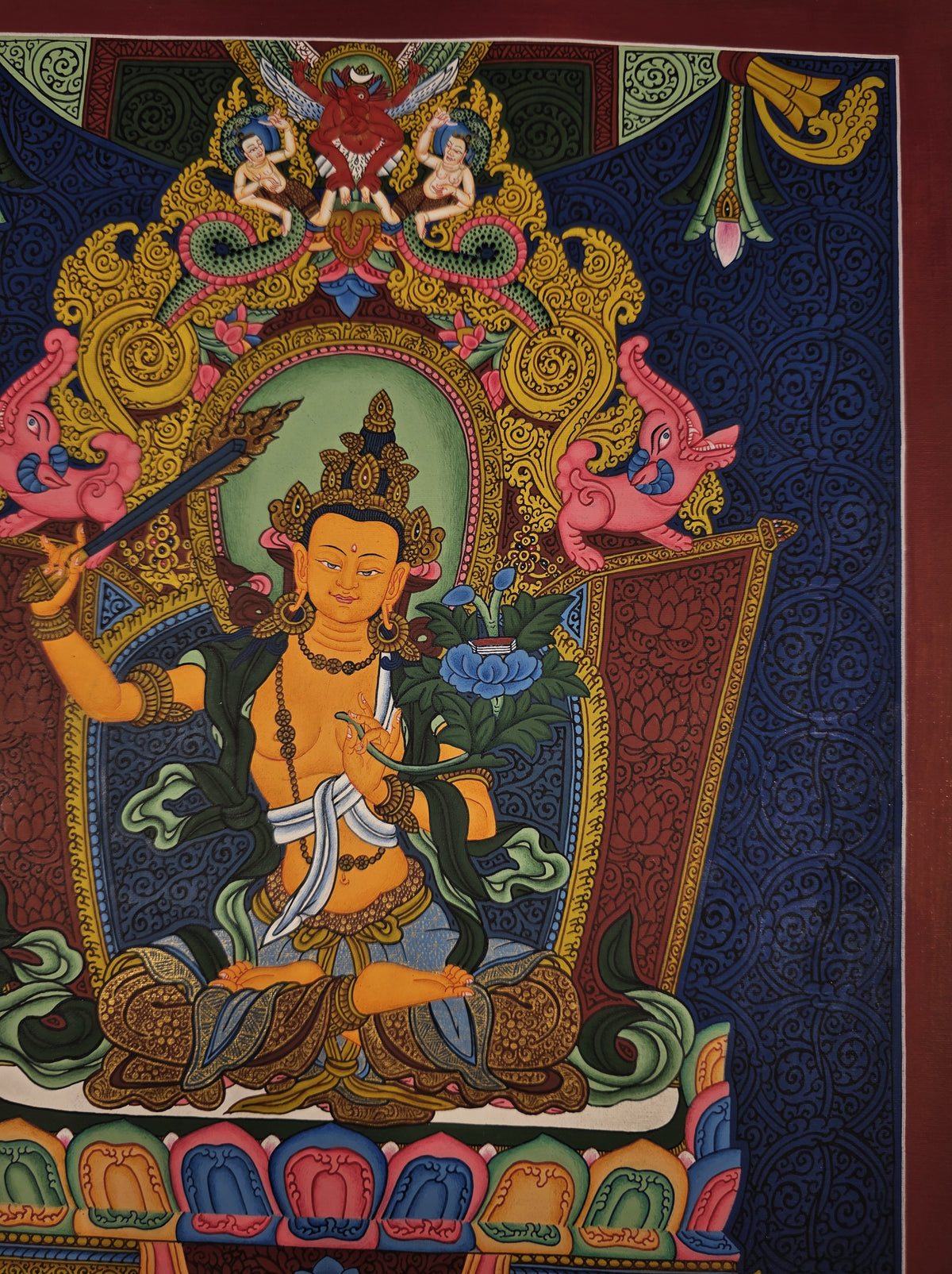 Manjushri Thangka – Hand-Painted Tibetan Buddhist Art | Meditation & Protection Wall Decor