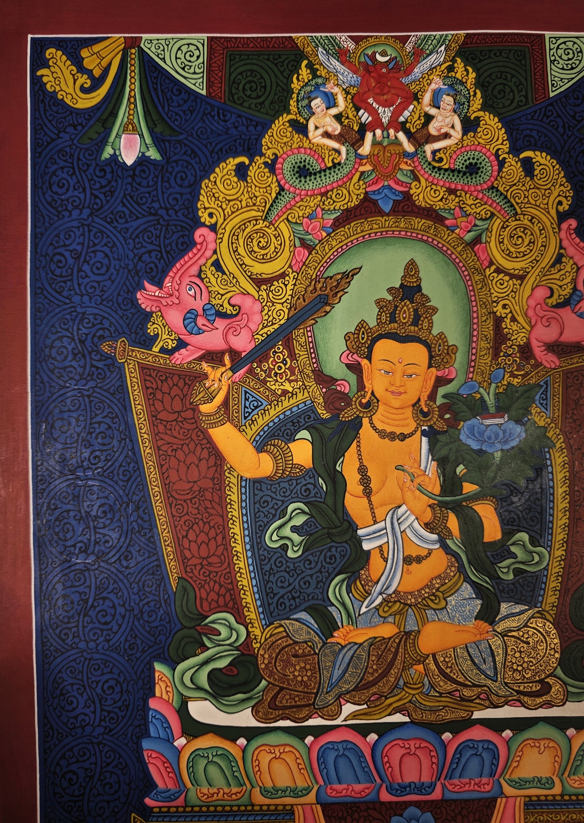 Manjushri Thangka – Hand-Painted Tibetan Buddhist Art | Meditation & Protection Wall Decor