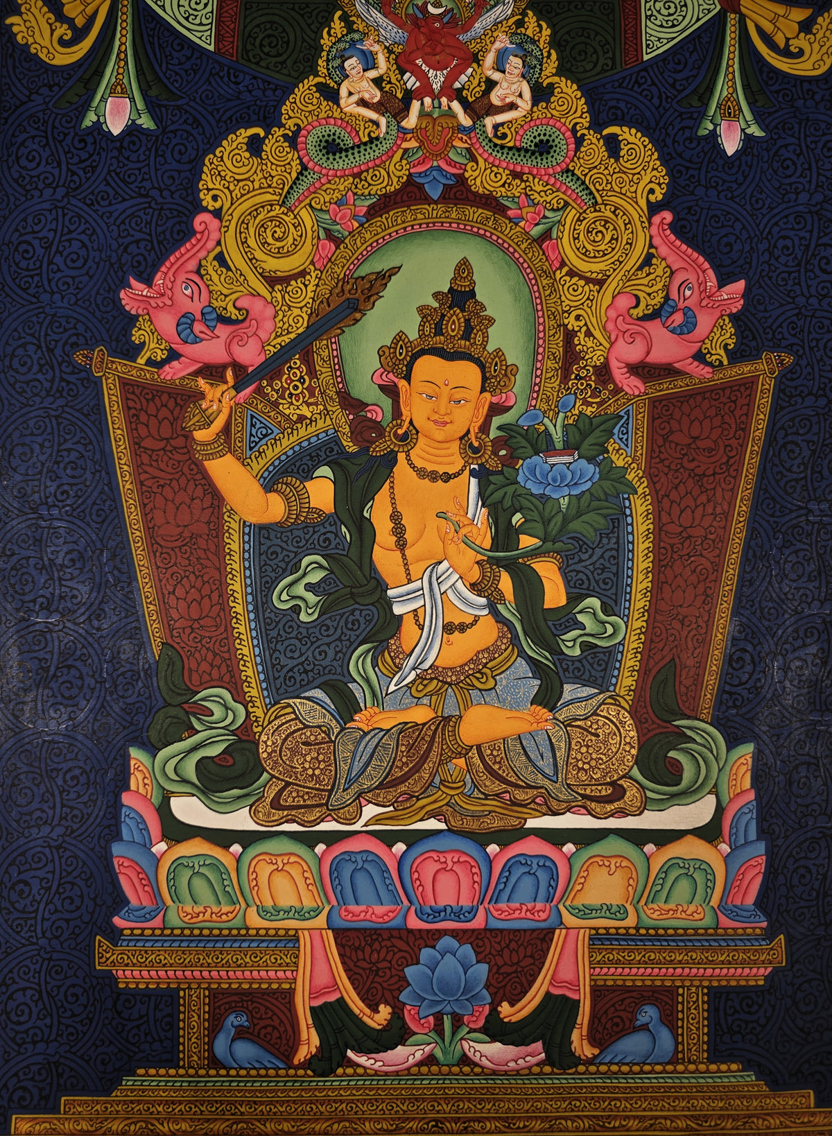Manjushri Thangka – Hand-Painted Tibetan Buddhist Art | Meditation & Protection Wall Decor