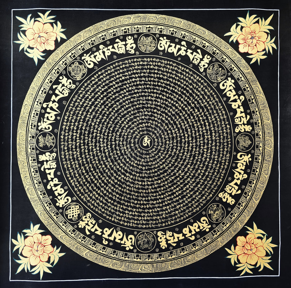 Original Large Hand-Painted Om Mani Padme Hum Mantra Mandala Thangka