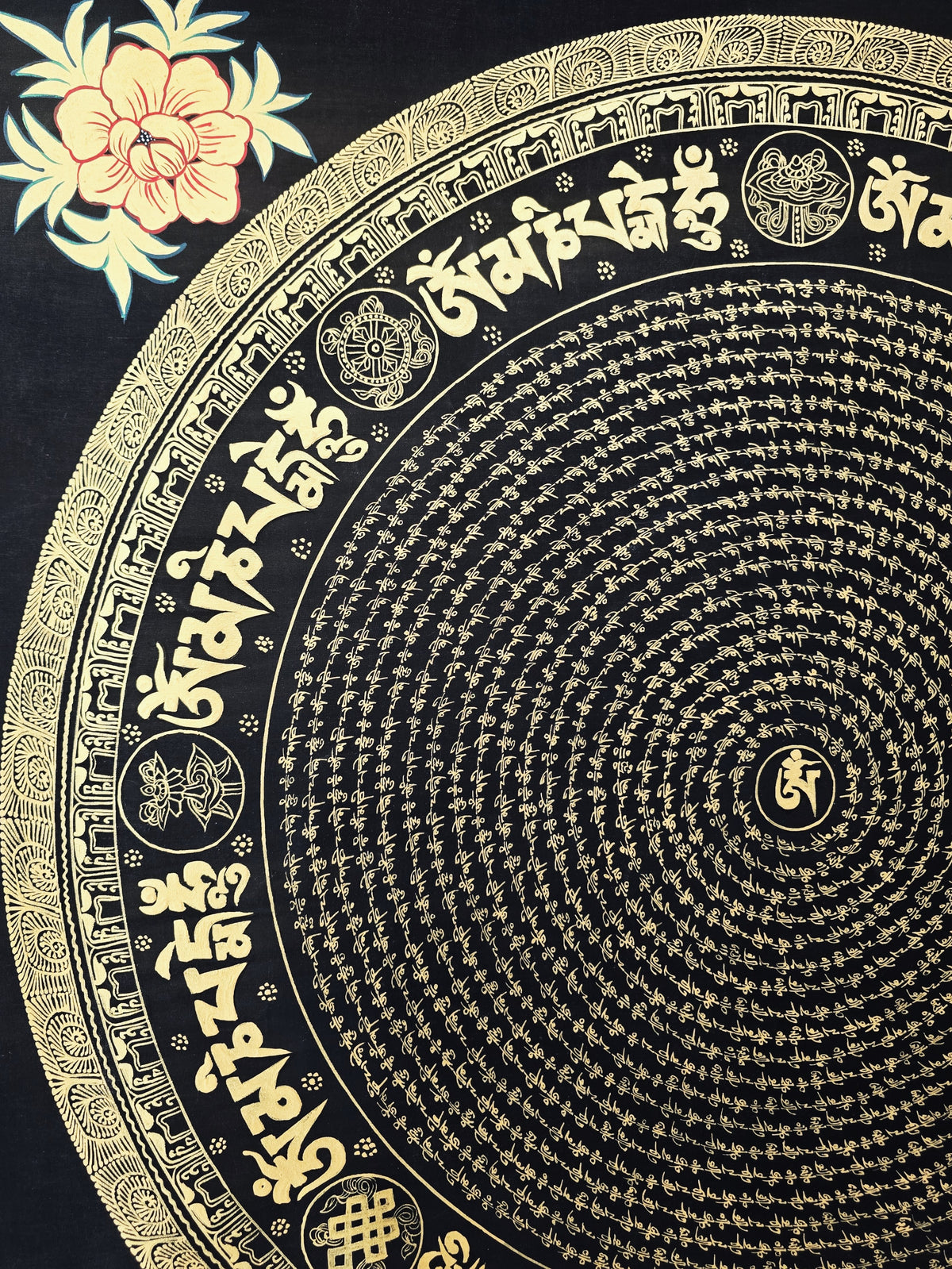Original Large Hand-Painted Om Mani Padme Hum Mantra Mandala Thangka