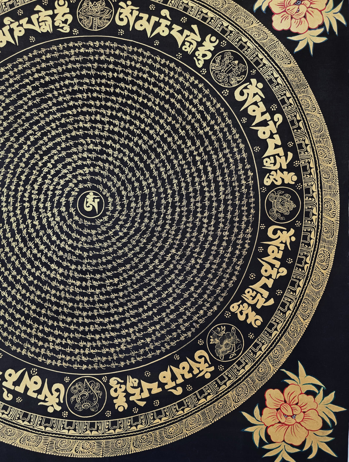 Original Large Hand-Painted Om Mani Padme Hum Mantra Mandala Thangka