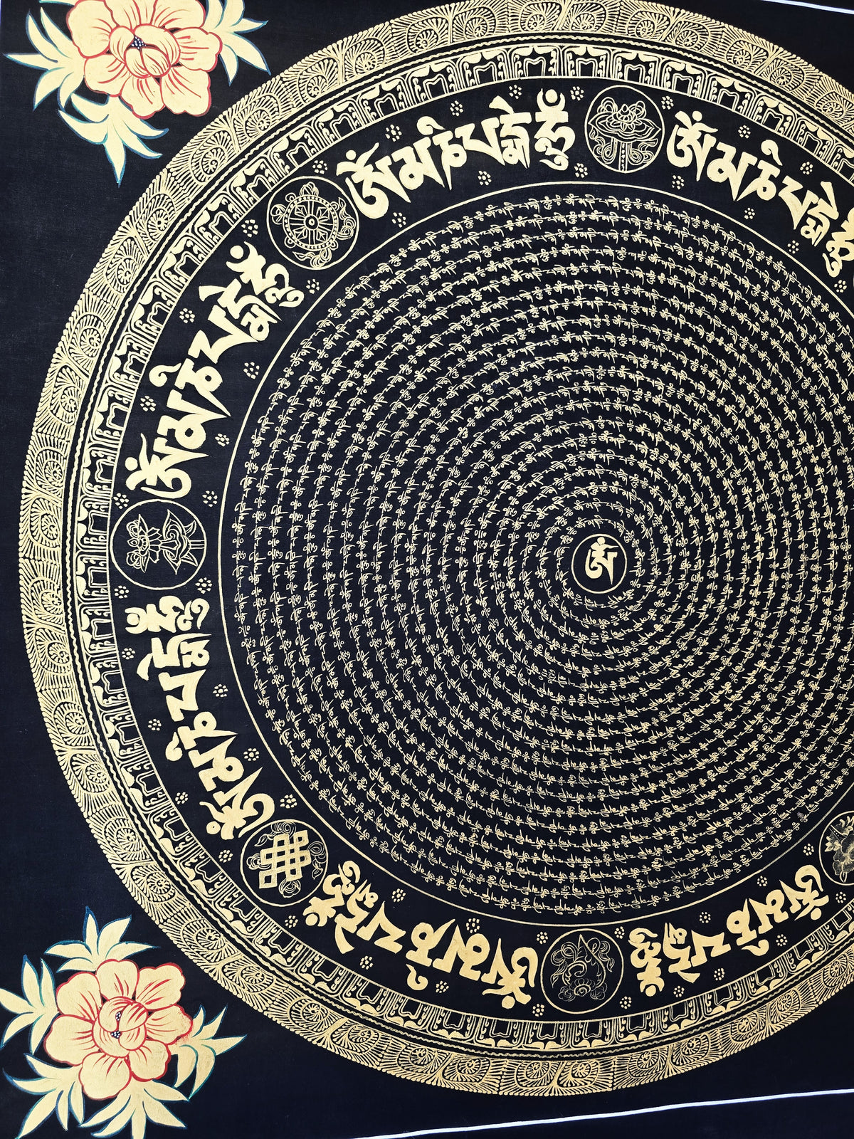 Original Large Hand-Painted Om Mani Padme Hum Mantra Mandala Thangka