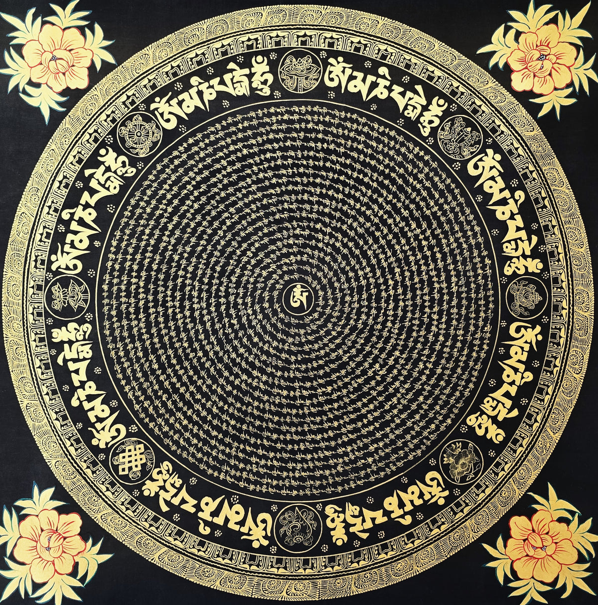 Original Large Hand-Painted Om Mani Padme Hum Mantra Mandala Thangka