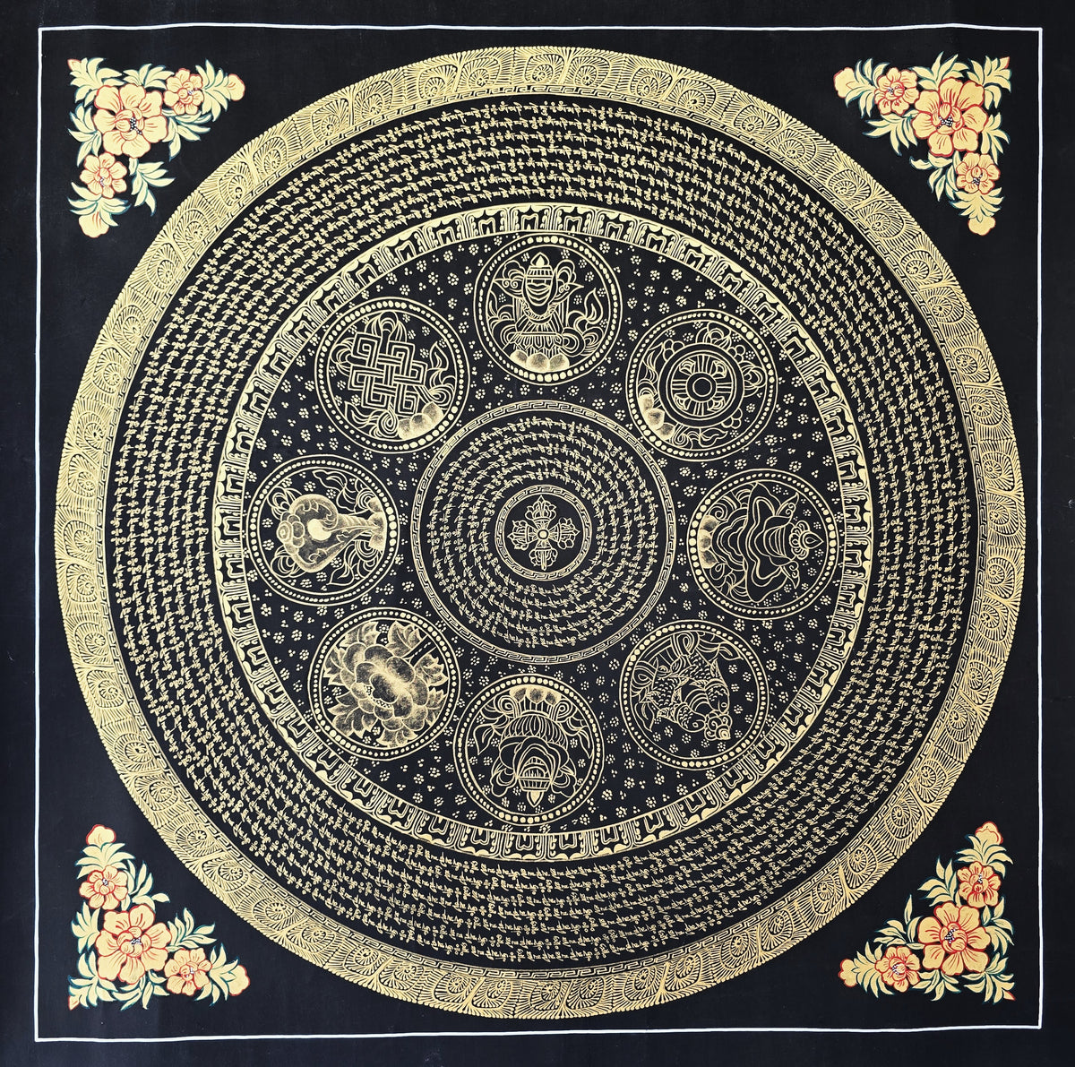 Original Large Hand-Painted Om Mani Padme Hum Mantra Mandala Thangka