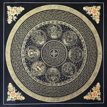 Original Large Hand-Painted Om Mani Padme Hum Mantra Mandala Thangka
