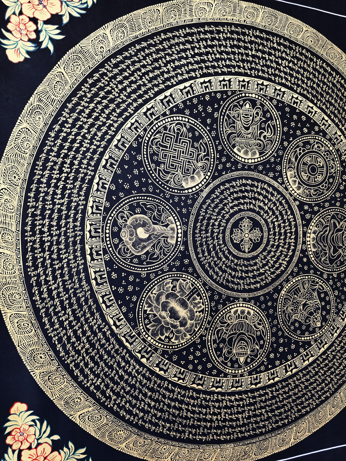 Original Large Hand-Painted Om Mani Padme Hum Mantra Mandala Thangka