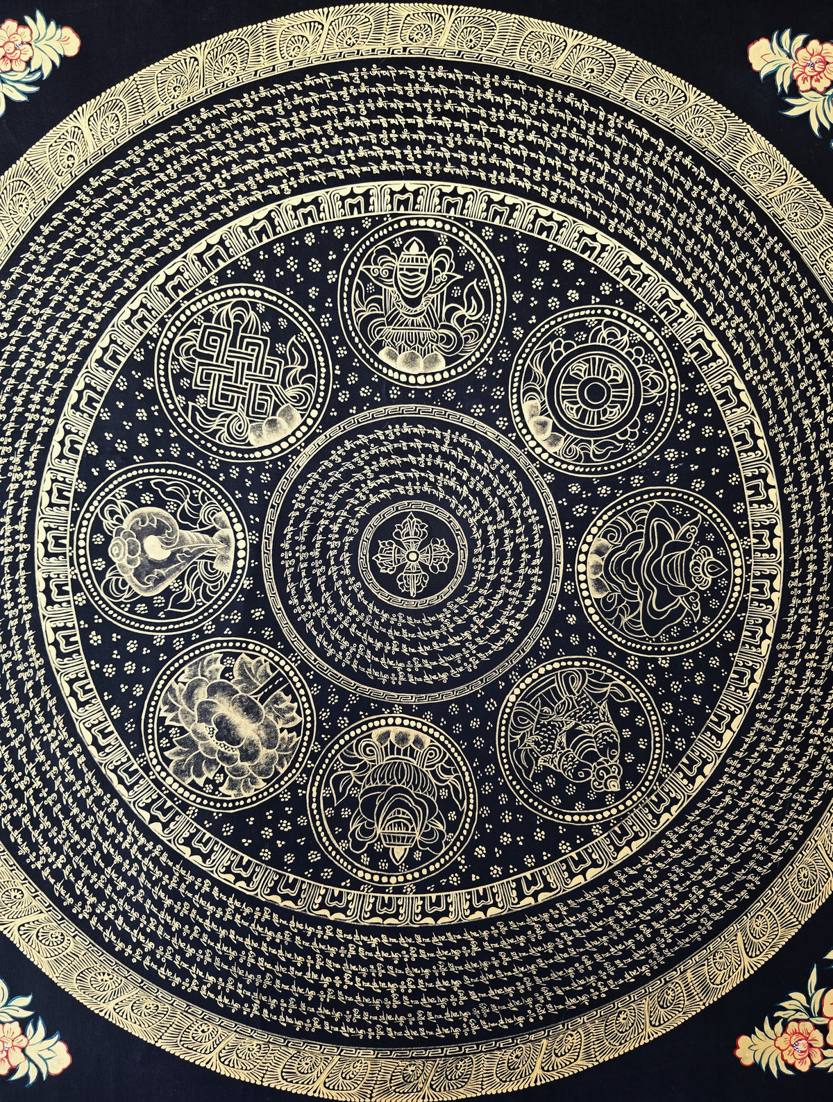 Original Large Hand-Painted Om Mani Padme Hum Mantra Mandala Thangka