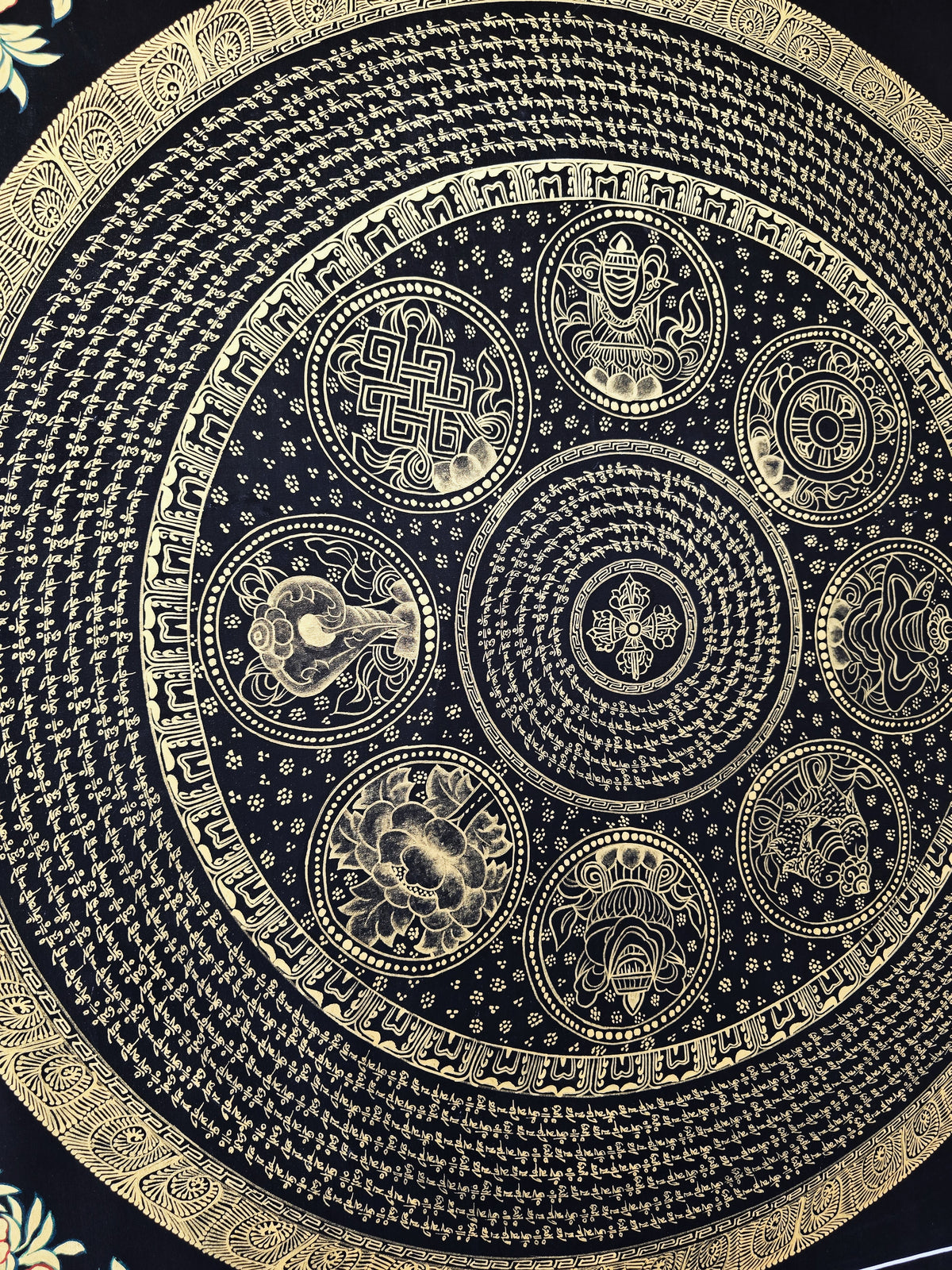Original Large Hand-Painted Om Mani Padme Hum Mantra Mandala Thangka