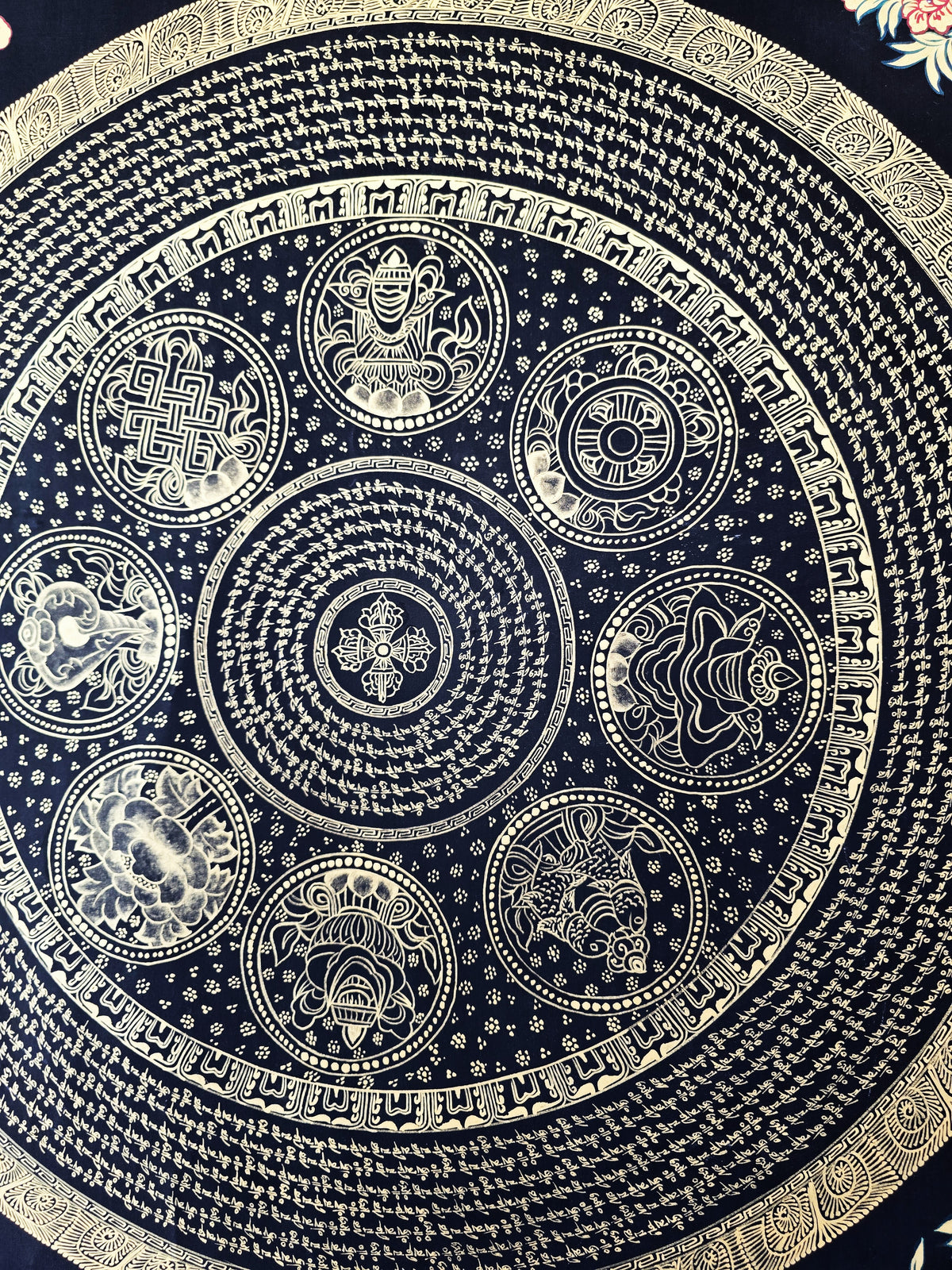 Original Large Hand-Painted Om Mani Padme Hum Mantra Mandala Thangka