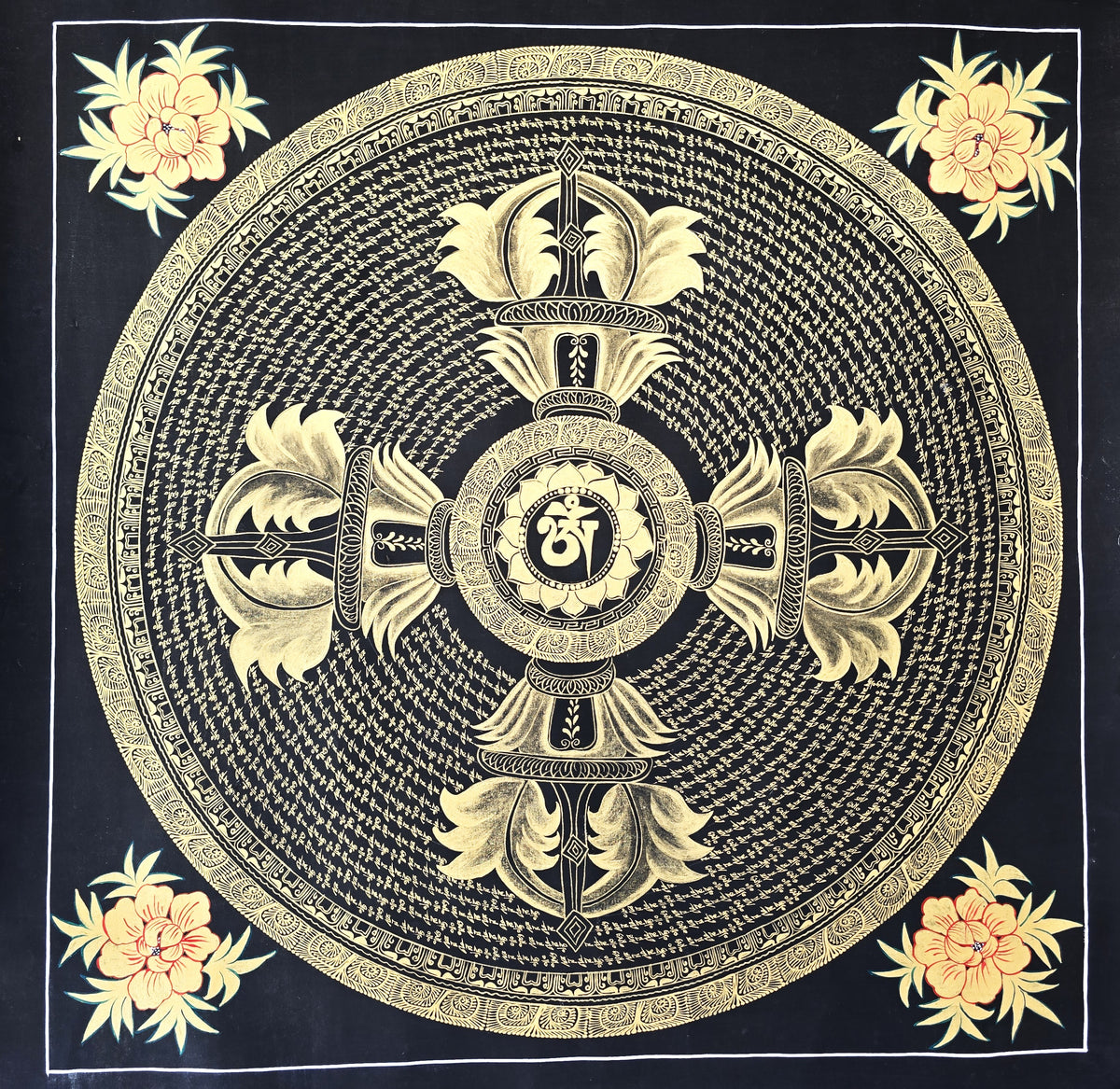 Original Large Hand-Painted Om Mani Padme Hum Mantra Mandala Thangka